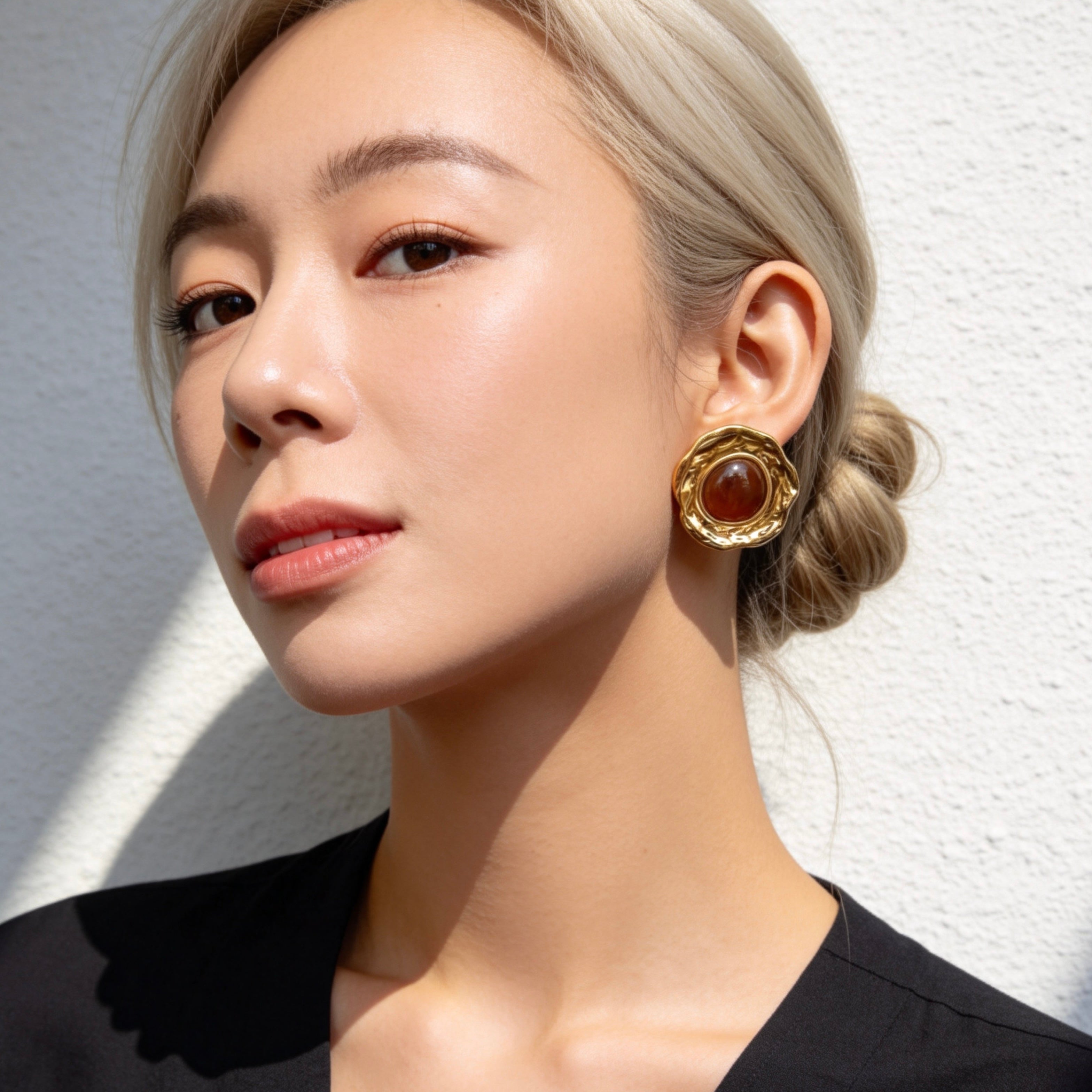Gold Brown Stone Statement Stud Earrings