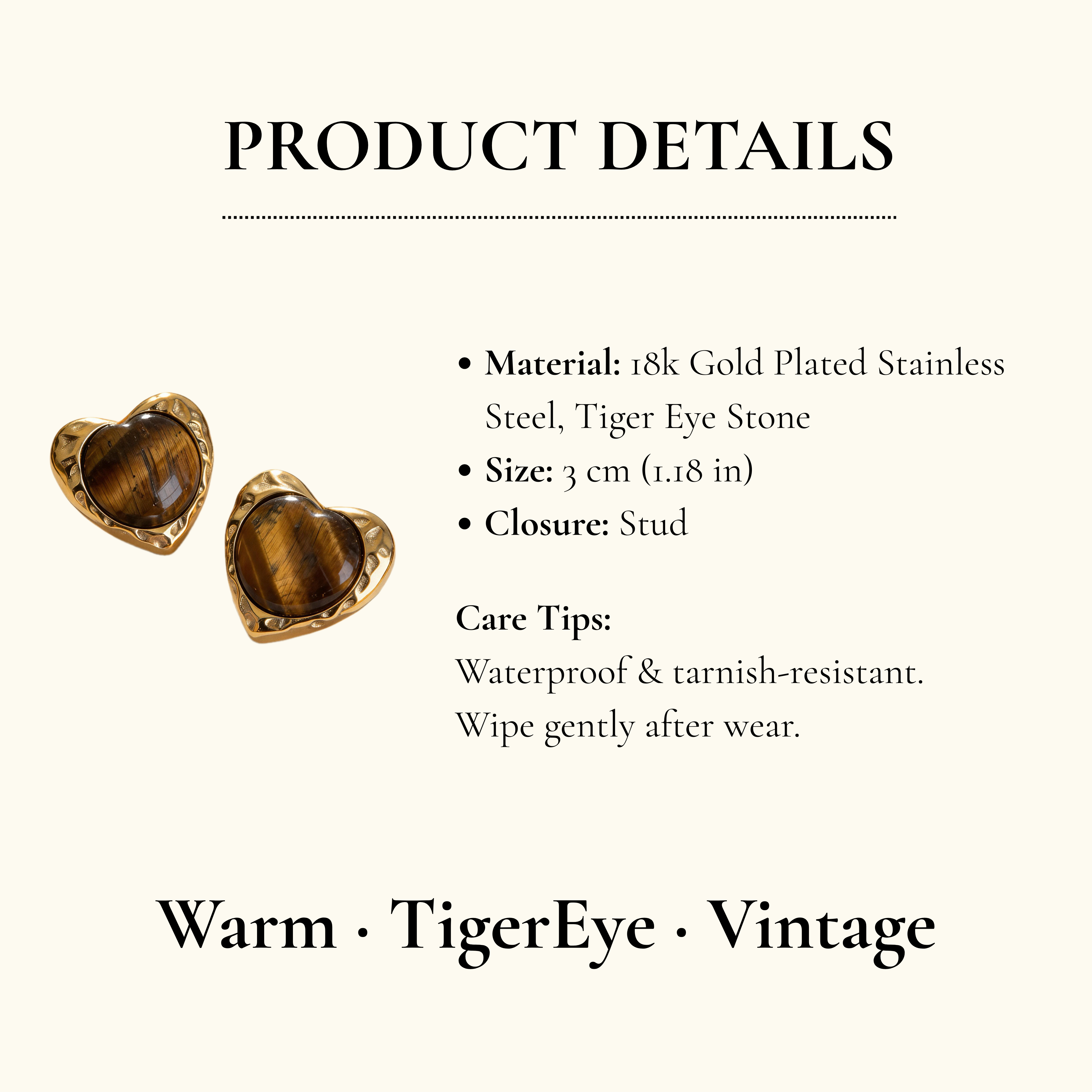 Gold Tiger Eye Heart Stud Earrings