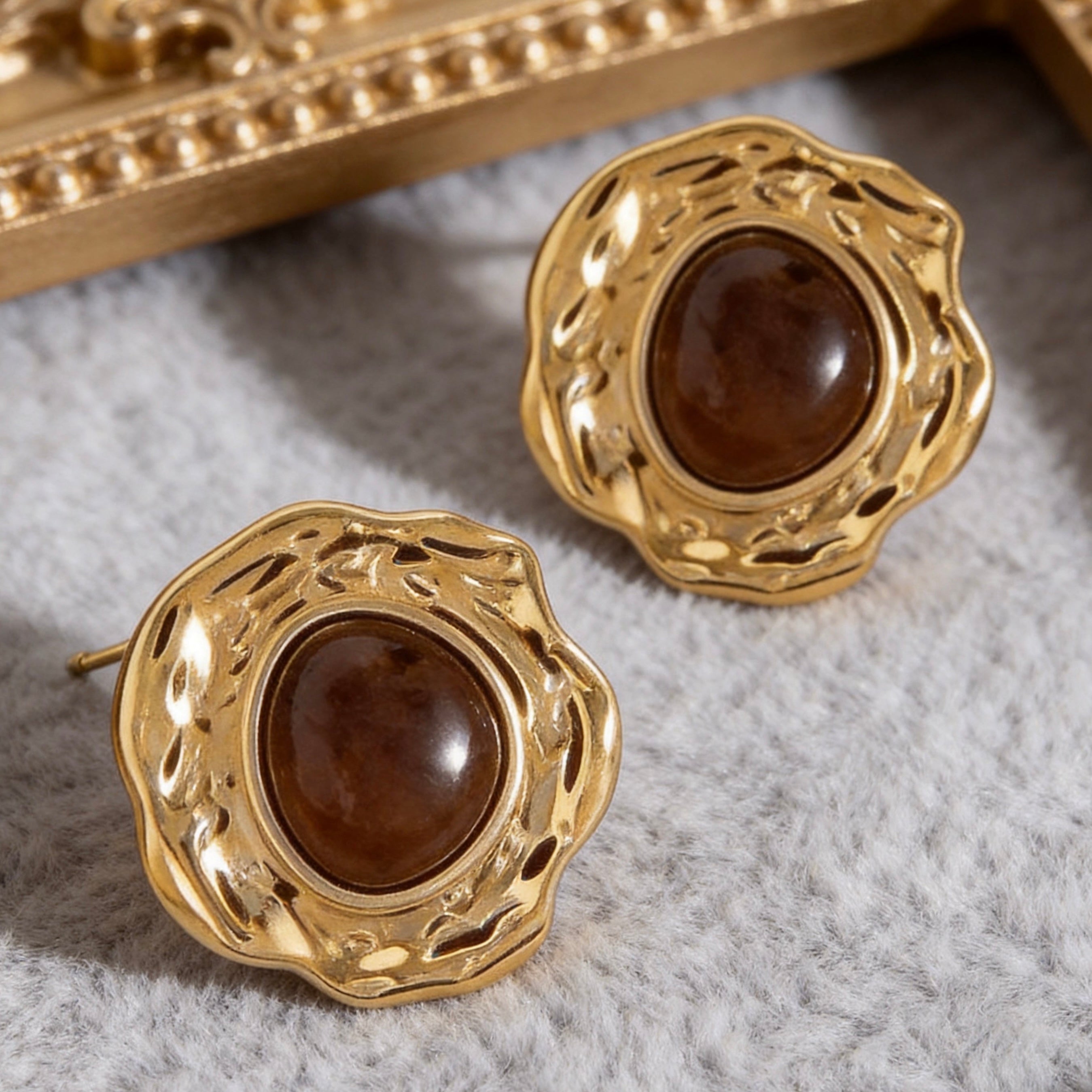 Gold Brown Stone Statement Stud Earrings