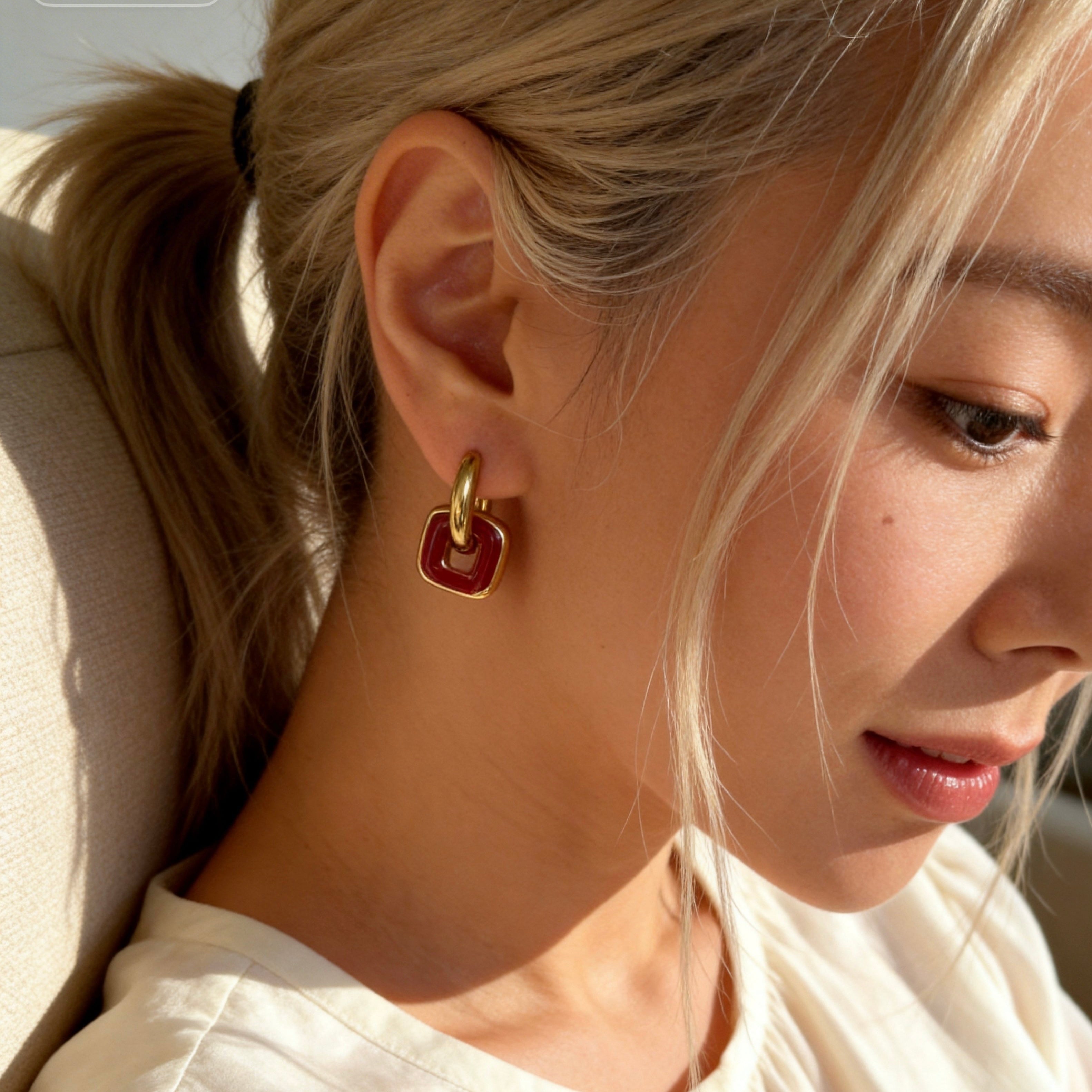 Gold & Red Brown Linked Hoop Earrings