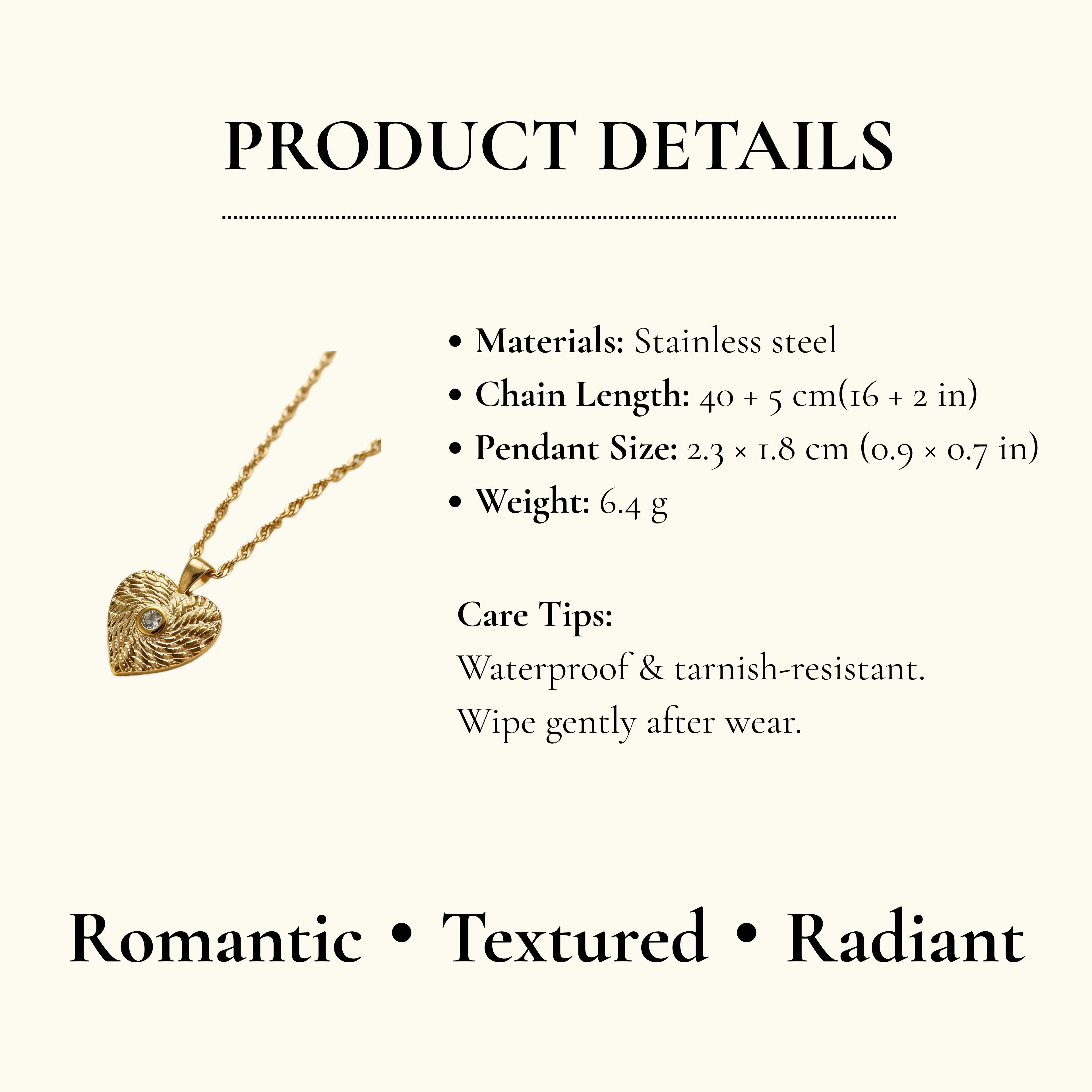 Gold Heart Textured Pendant Necklace