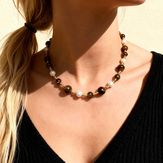 Tiger Eye & Pearl Beaded Necklace