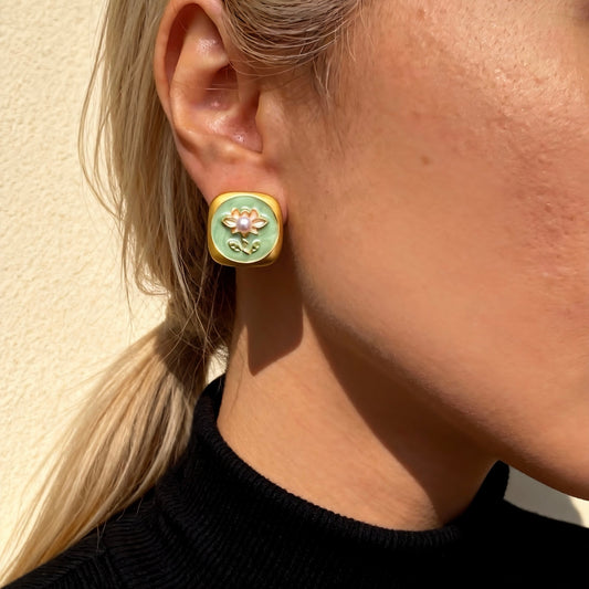 Green Jade Blossom Pearl Earrings