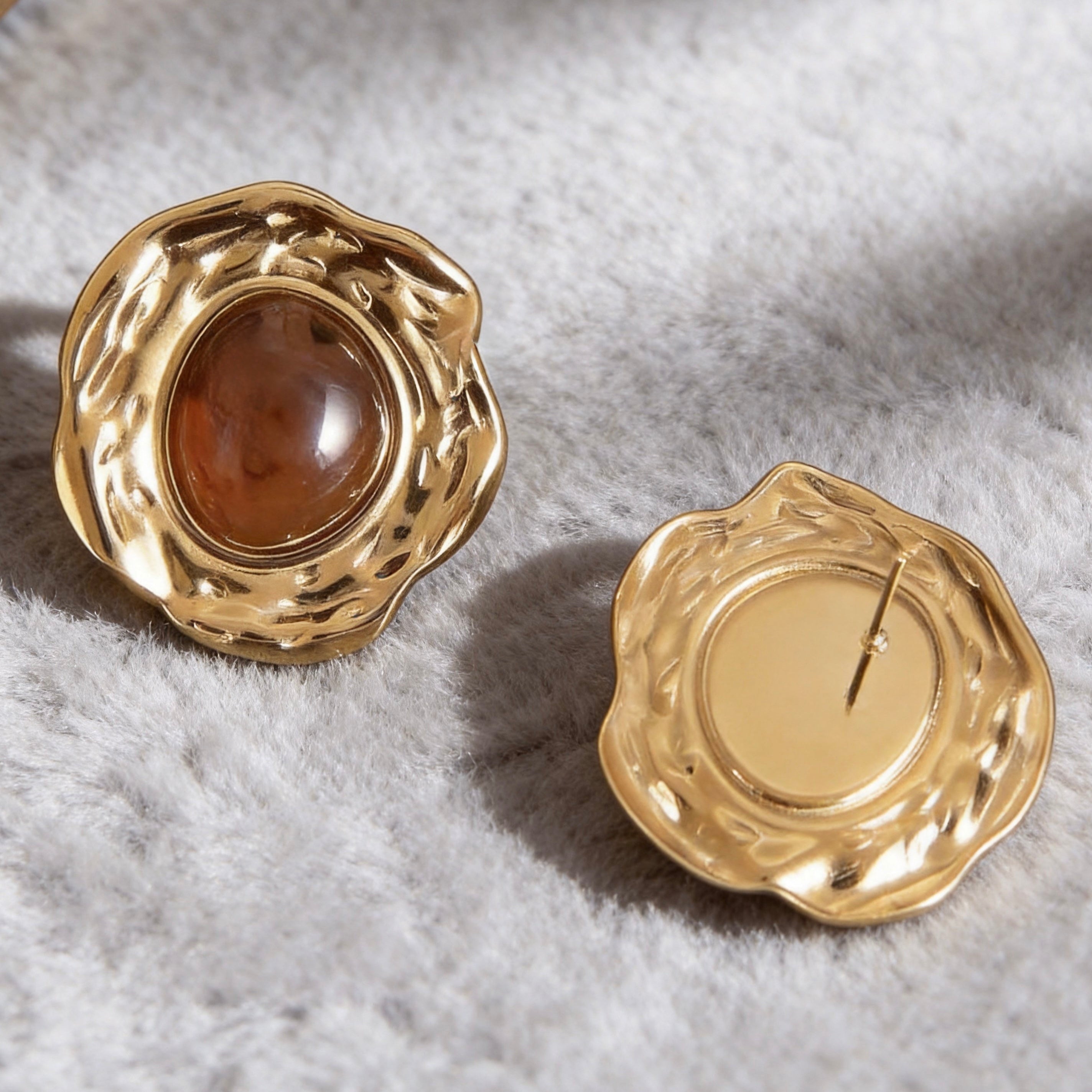 Gold Brown Stone Statement Stud Earrings