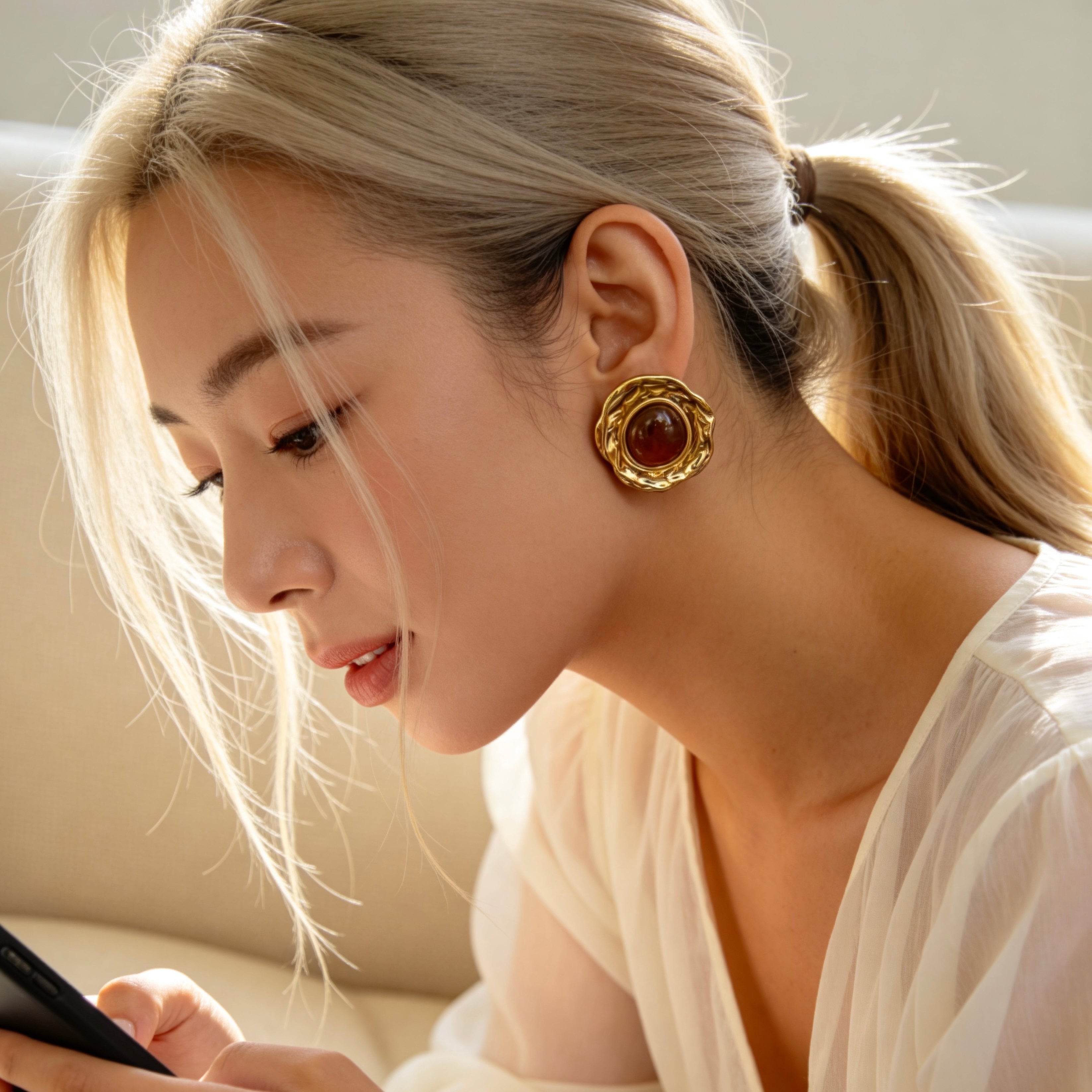 Gold Brown Stone Statement Stud Earrings