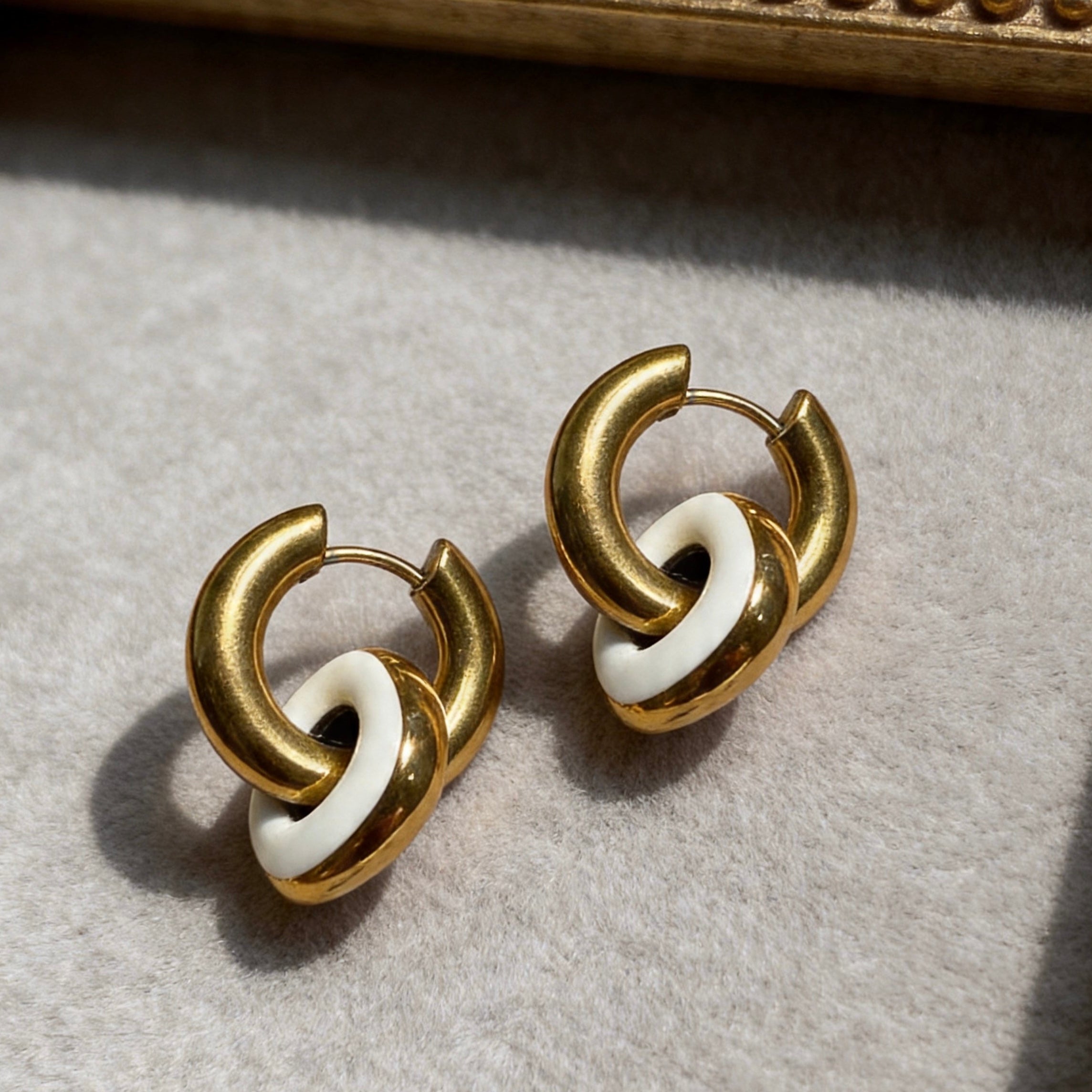 Gold & White Linked Hoop Earrings