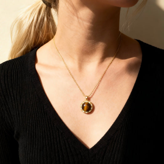 Tiger Eye Crystal Halo Pendant Necklace