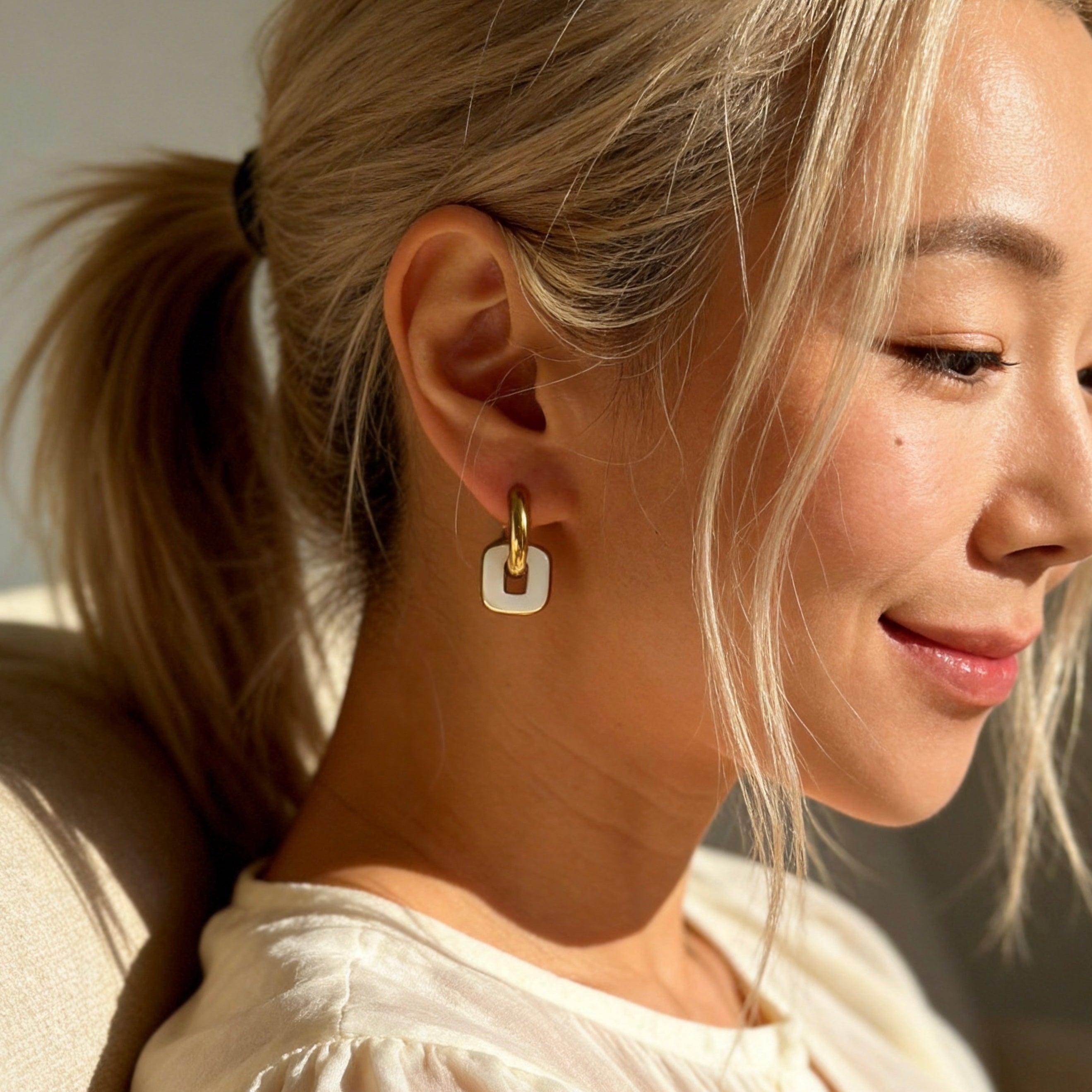 Gold & White Linked Hoop Earrings