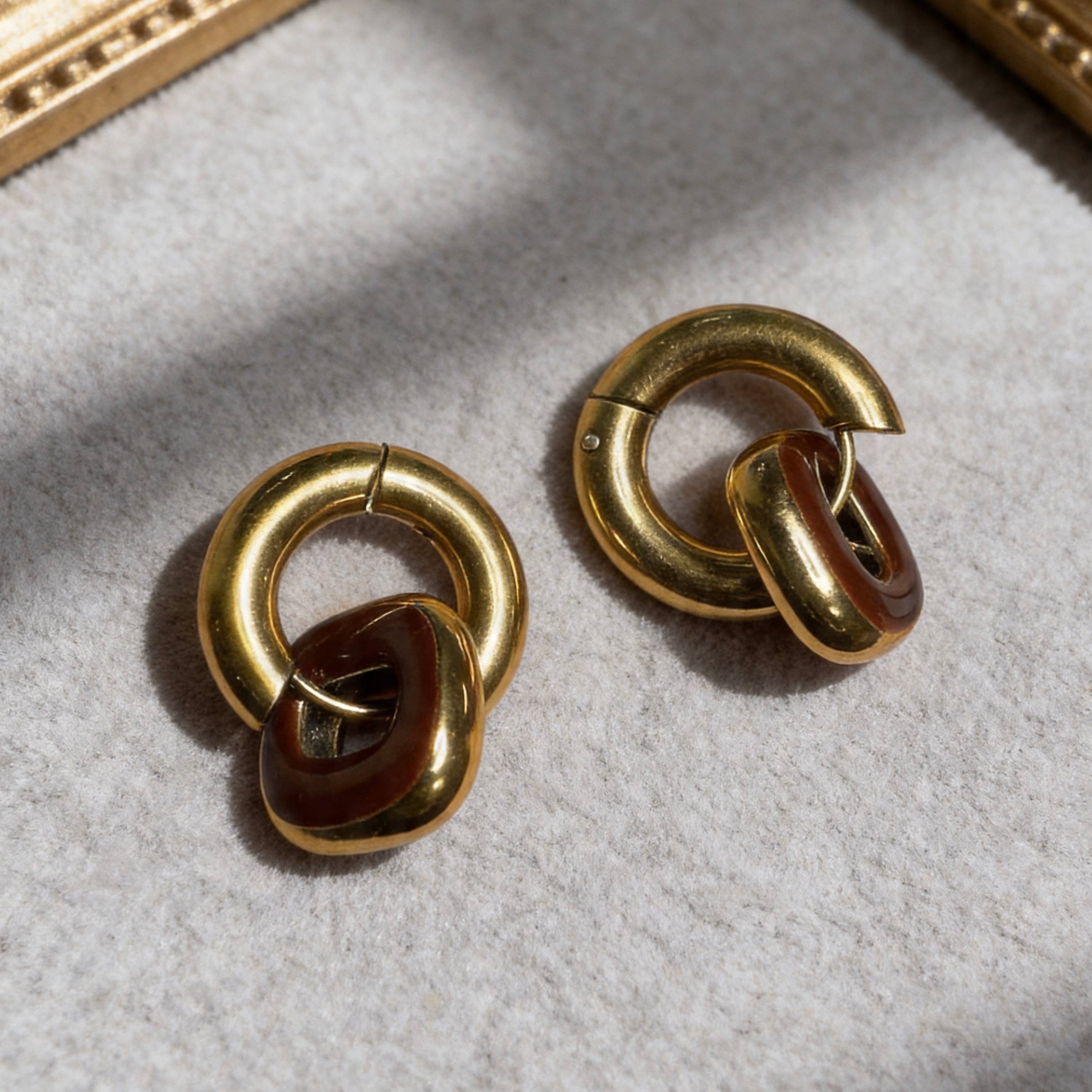 Gold & Red Brown Linked Hoop Earrings