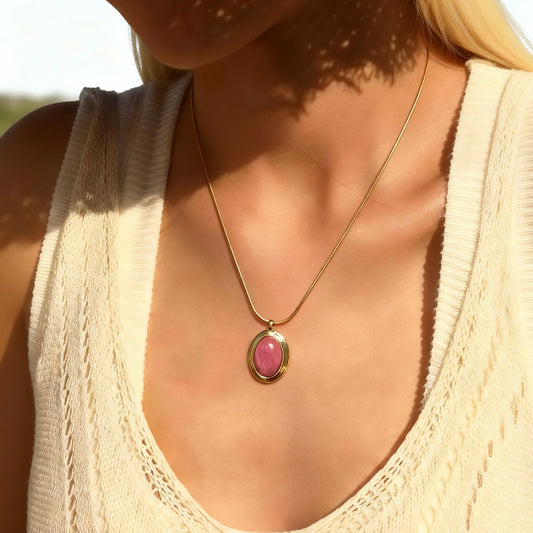 Pink Stone Oval Pendant Necklace