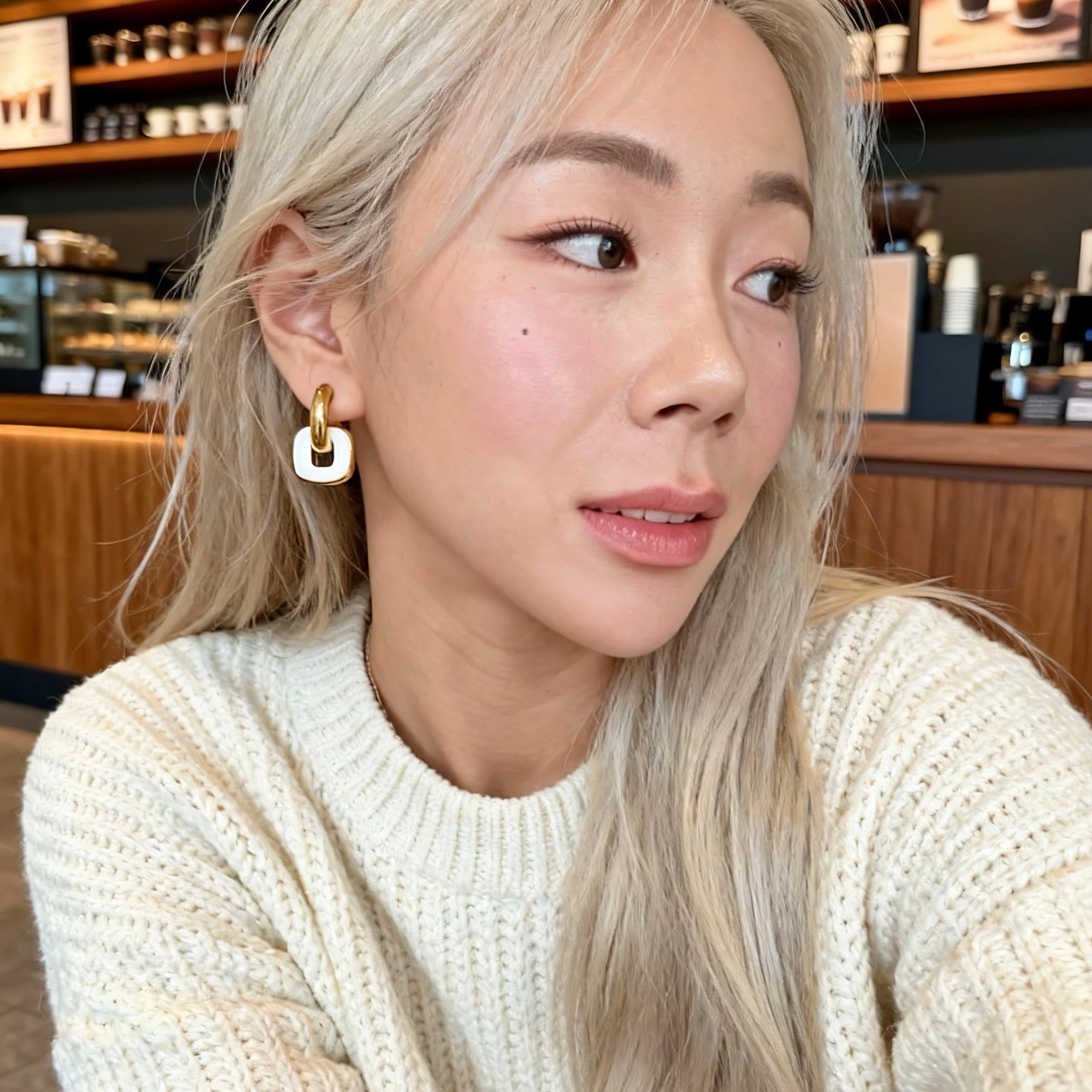 Gold & White Linked Hoop Earrings