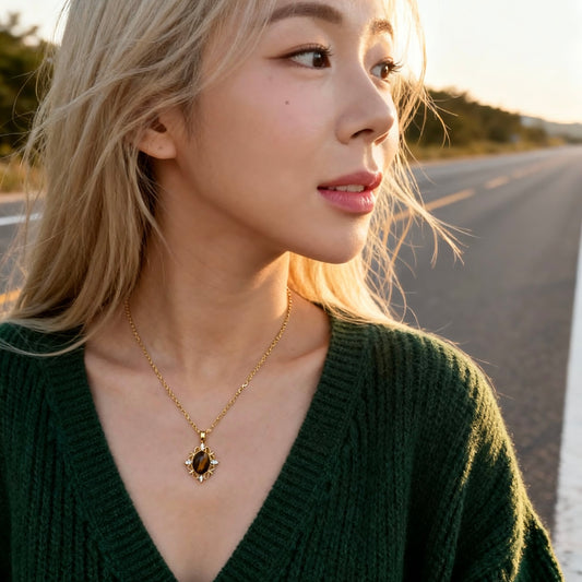 Vintage Floral Tiger Eye Pendant Necklace