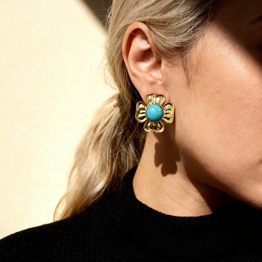 Gold Turquoise Flower Studs
