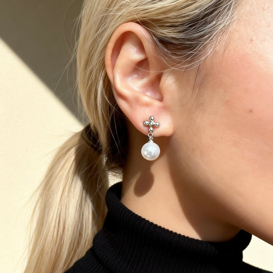 Silver Pearl Drop Studs