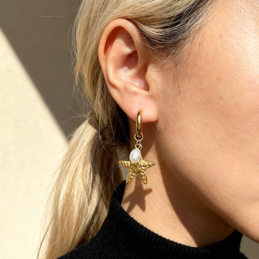 Gold Starfish Pearl Hoops