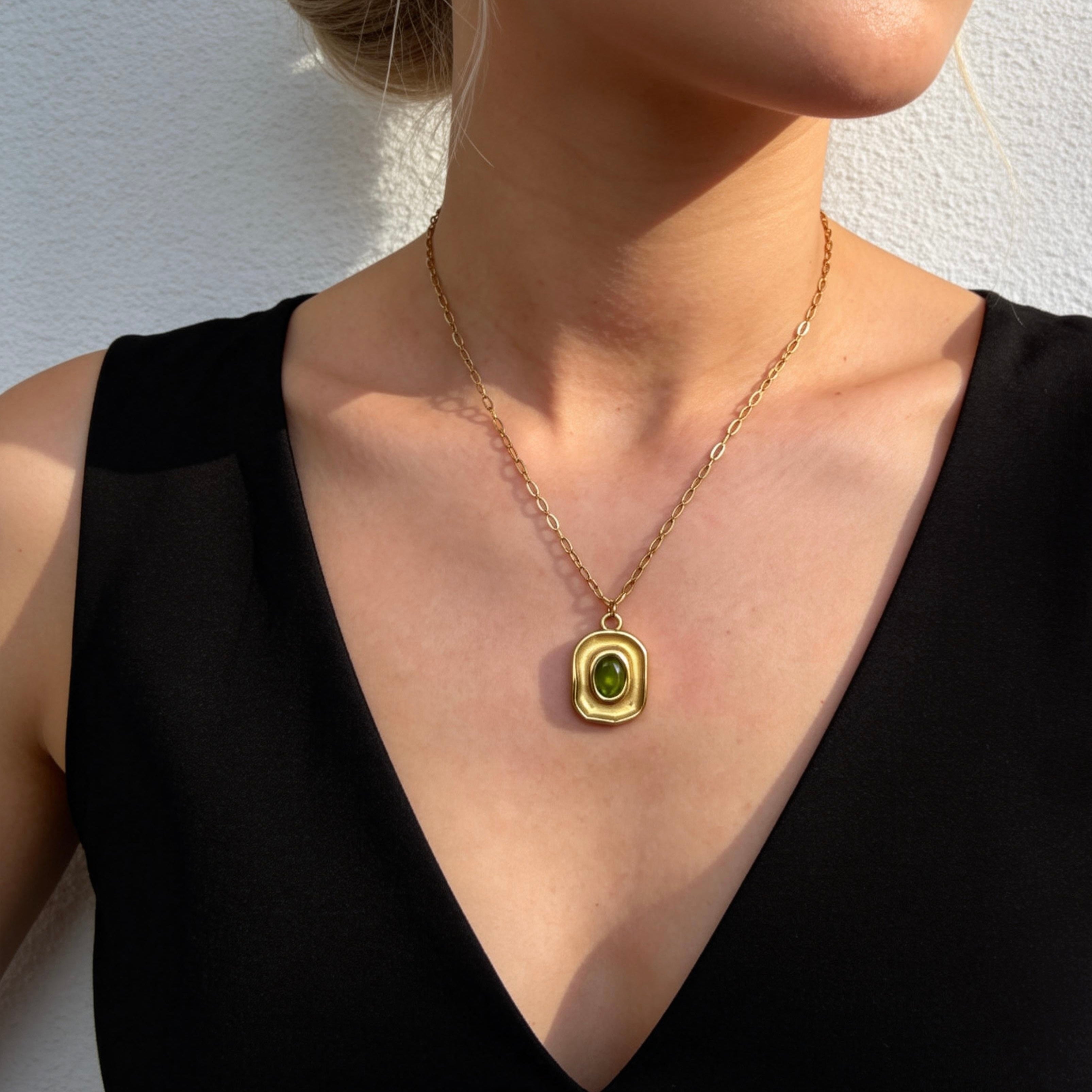 Gold Green Gemstone Square Pendant Necklace