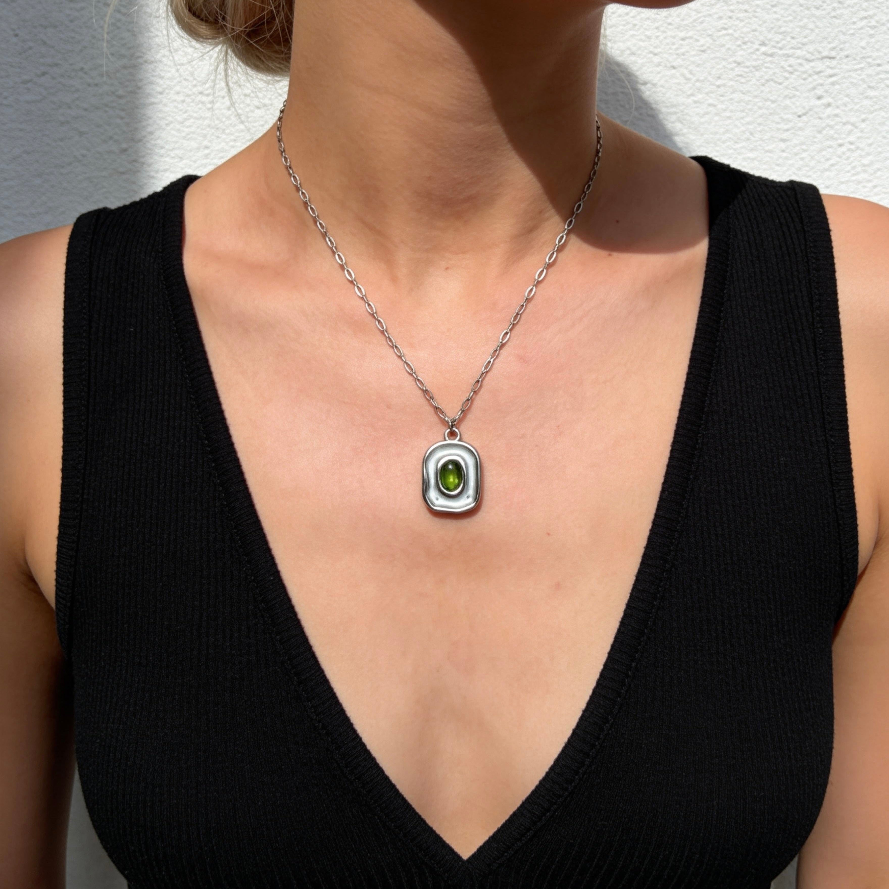 Stainless Steel Green Gemstone Square Pendant Necklace