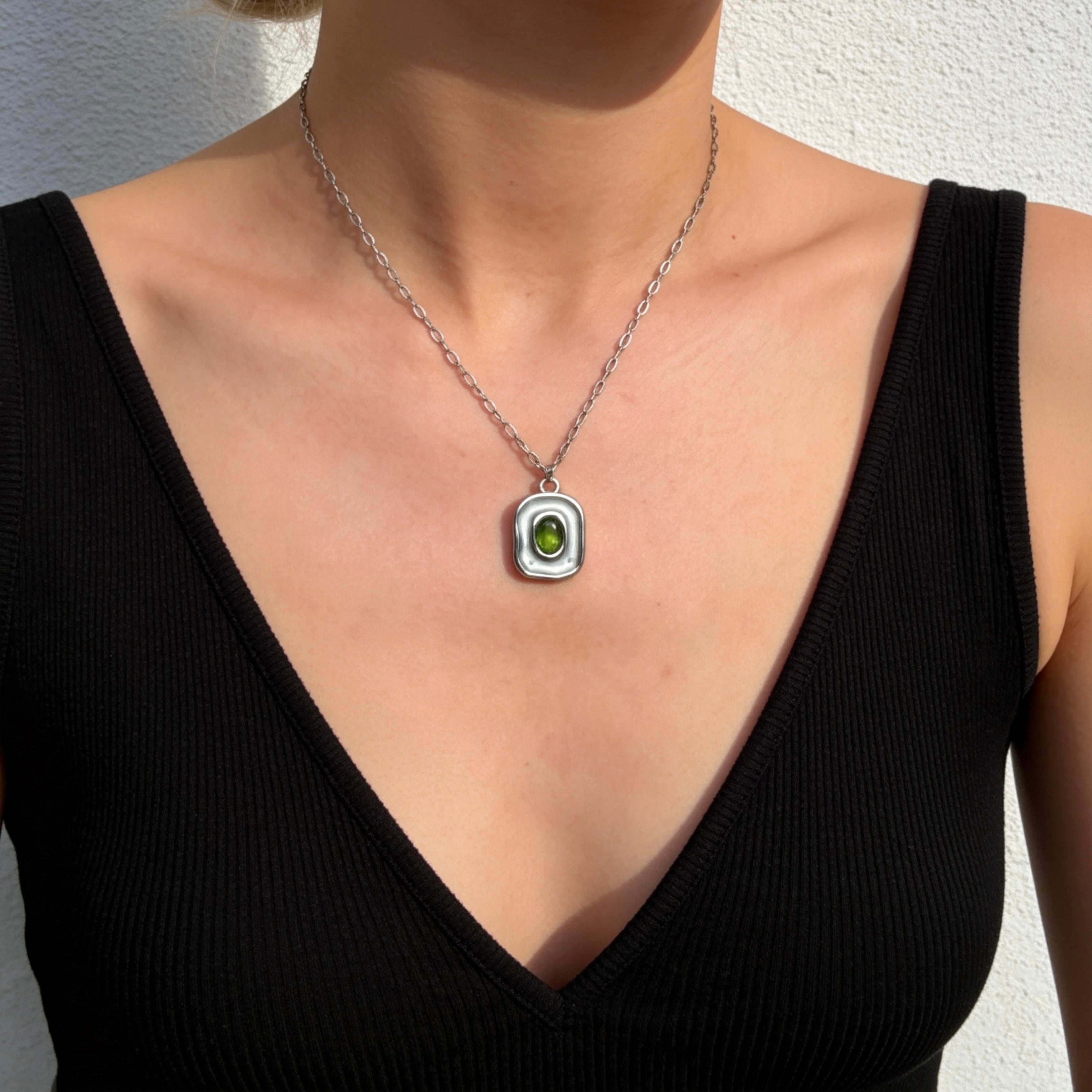 Stainless Steel Green Gemstone Square Pendant Necklace