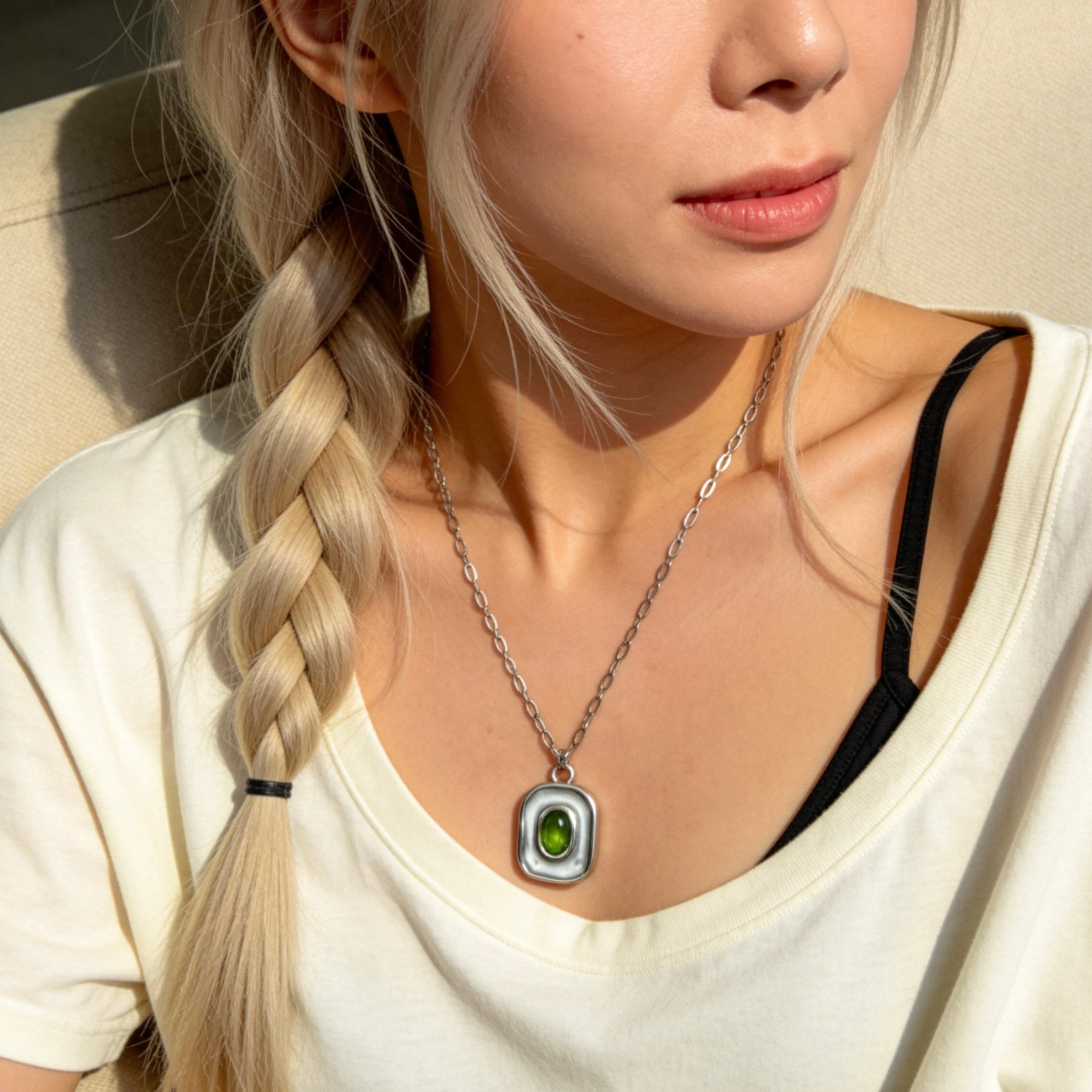 Stainless Steel Green Gemstone Square Pendant Necklace