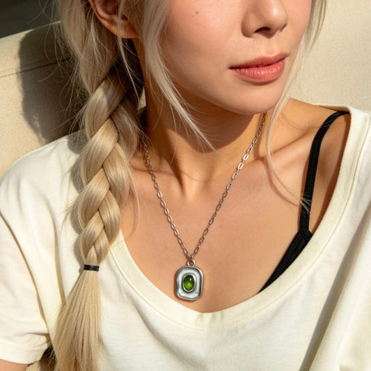 Stainless Steel Green Gemstone Square Pendant Necklace