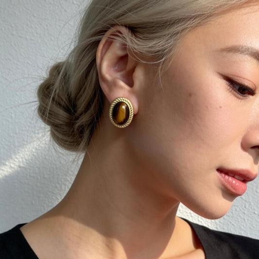 Vintage Oval Tiger Eye Stud Earrings