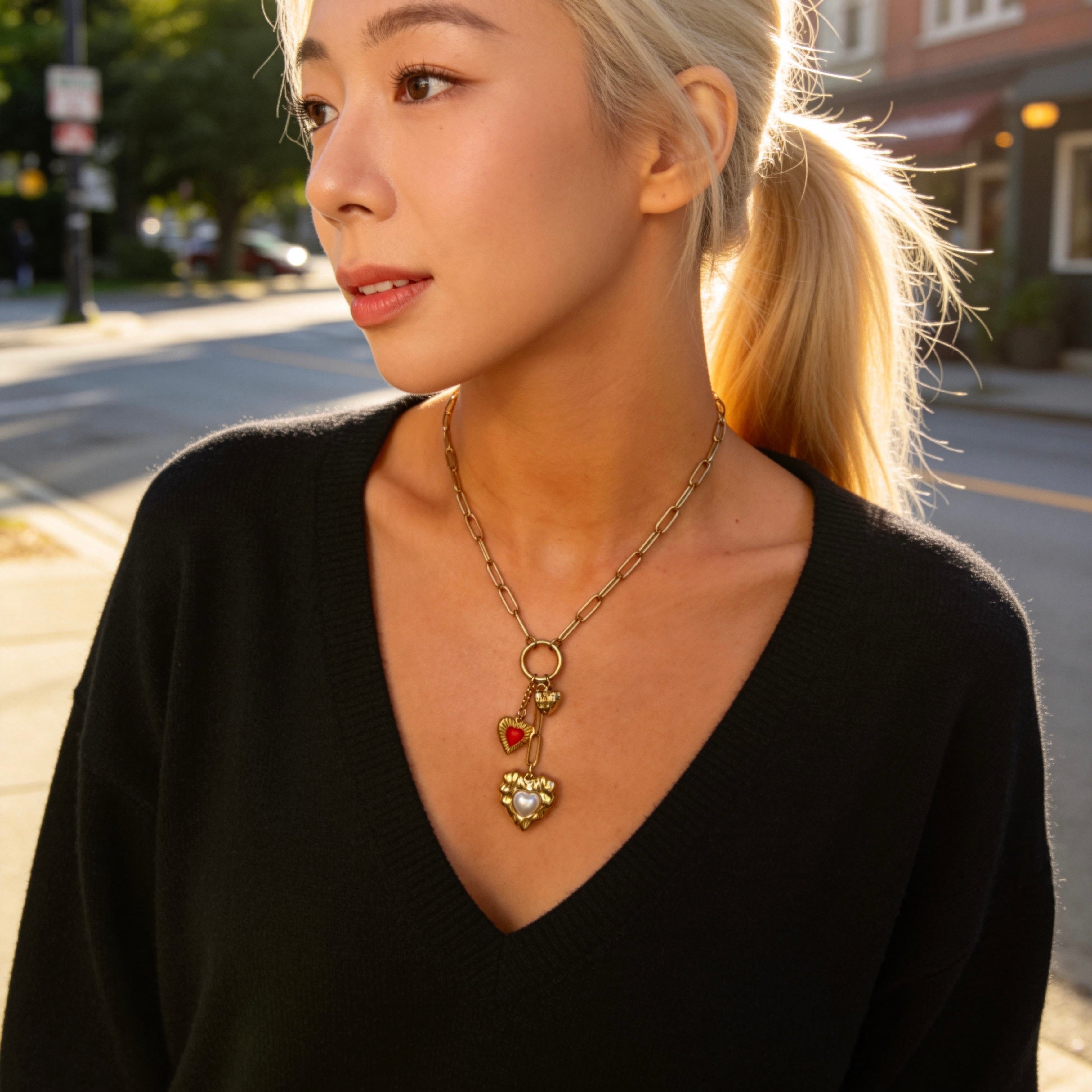 Gold Multi Heart Charm Necklace