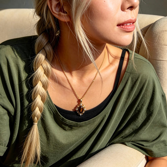Vintage Floral Tiger Eye Pendant Necklace