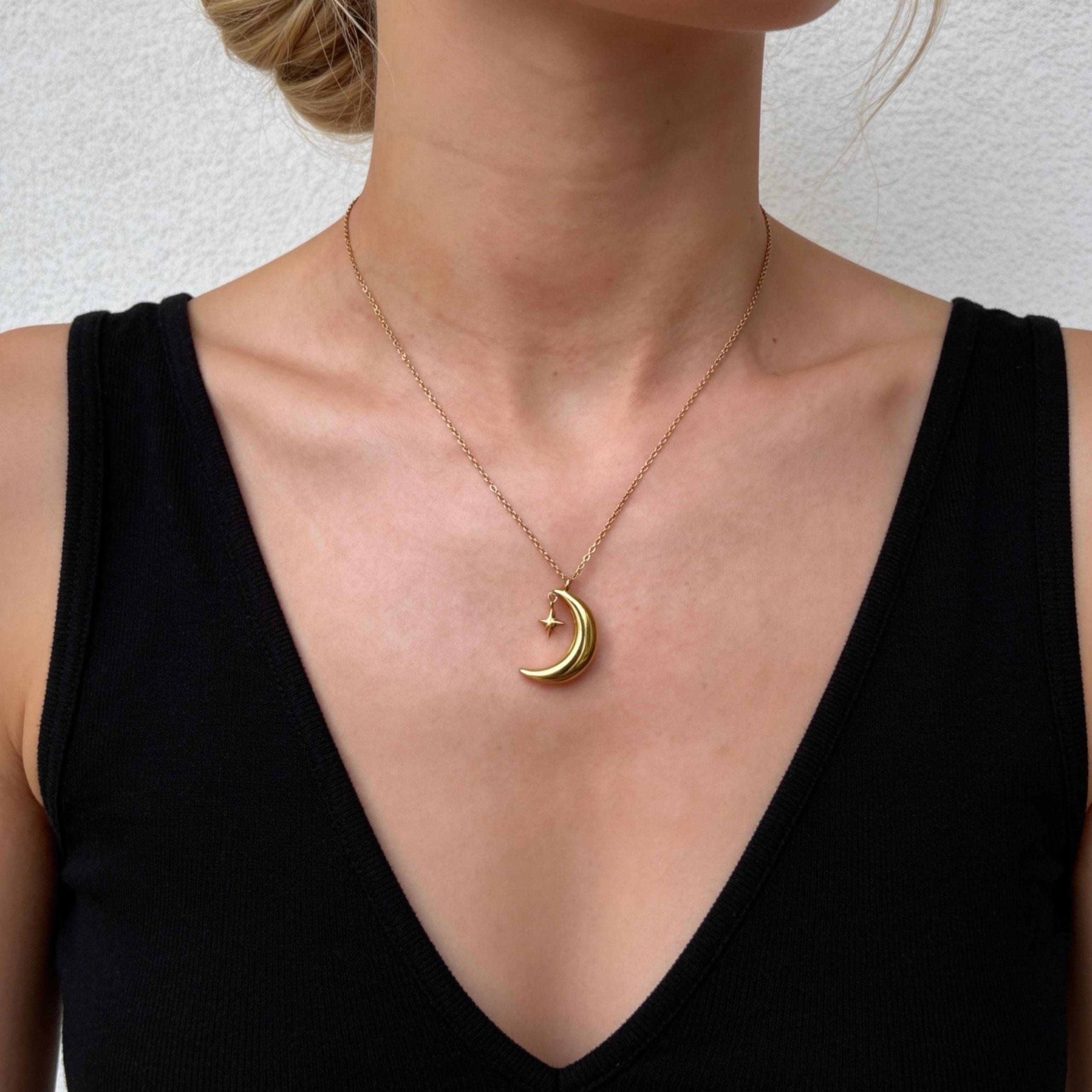 Crescent Moon Star Pendant Necklace