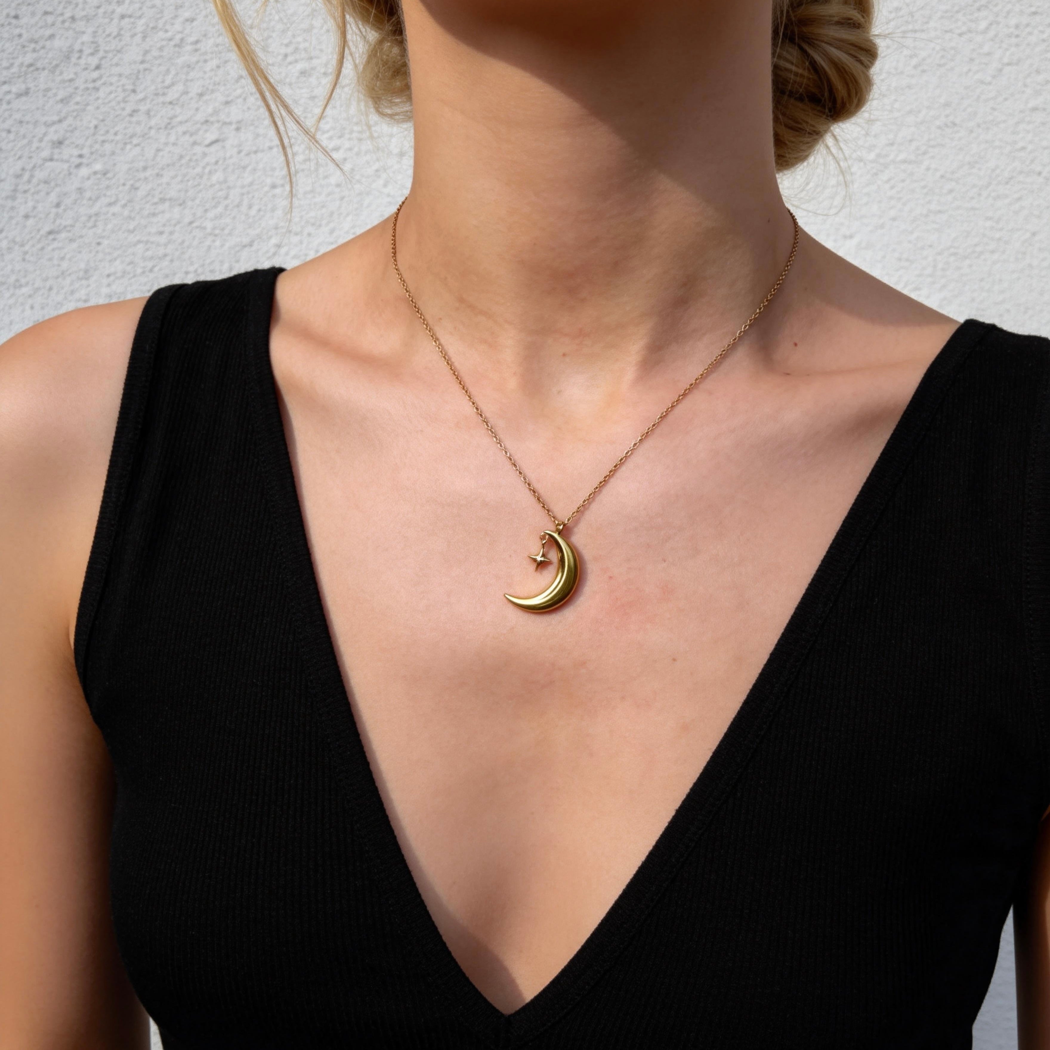 Crescent Moon Star Pendant Necklace