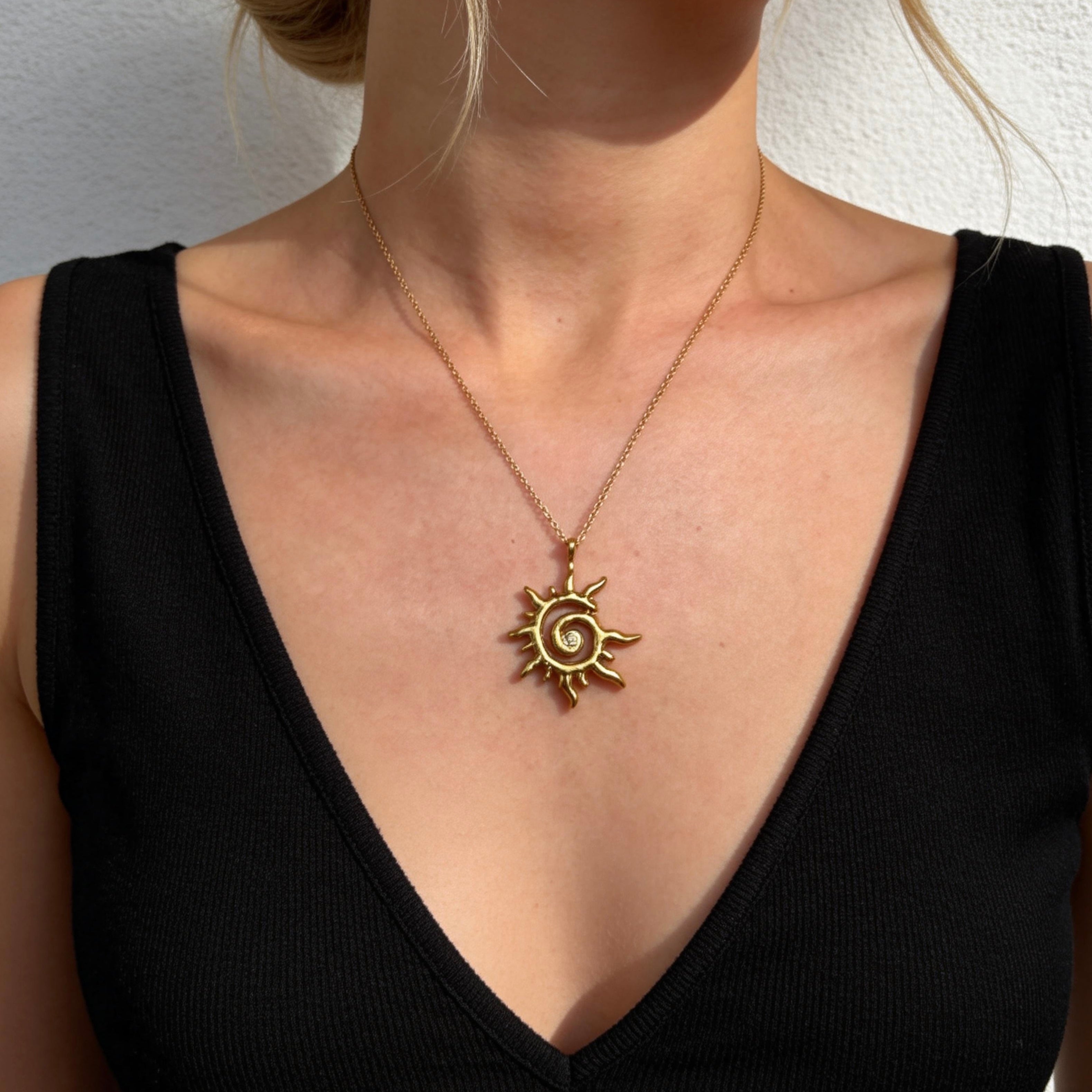 Gold Sun Spiral Pendant Necklace
