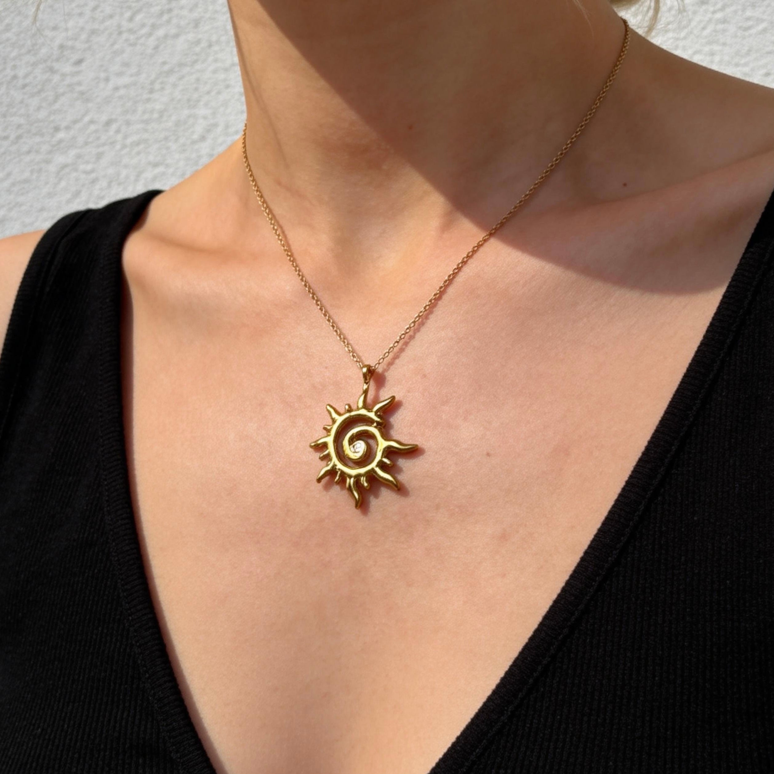 Gold Sun Spiral Pendant Necklace