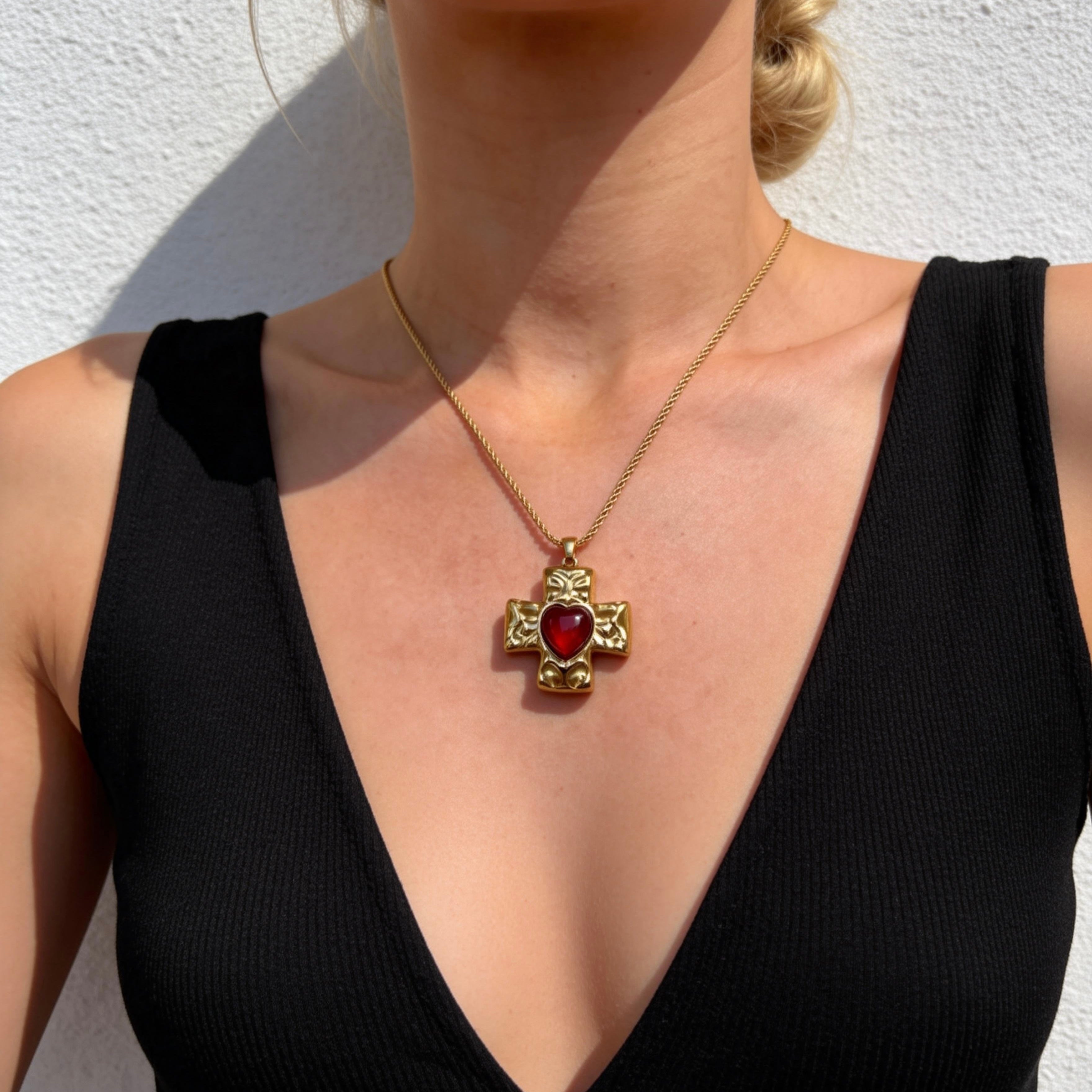 Red Heart Cross Pendant Necklace