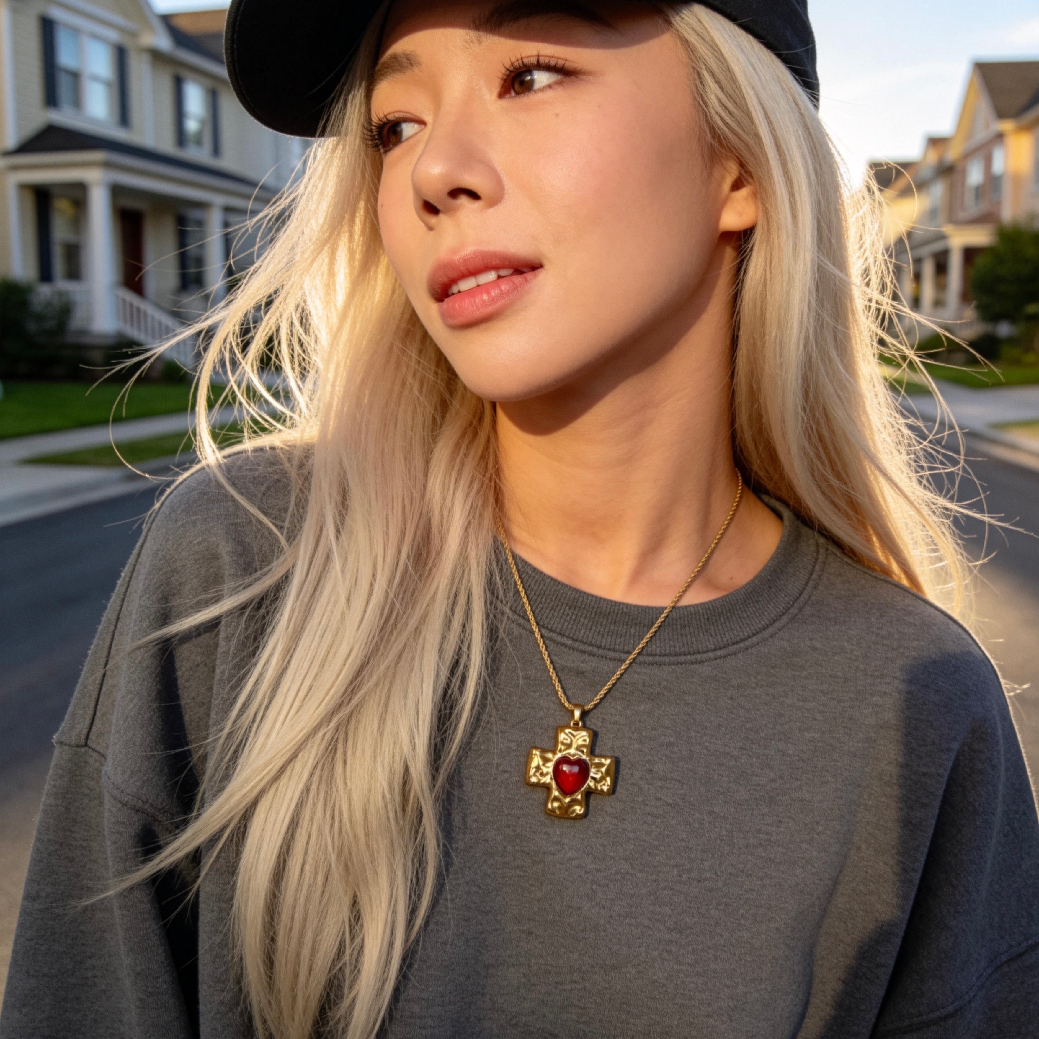 Red Heart Cross Pendant Necklace