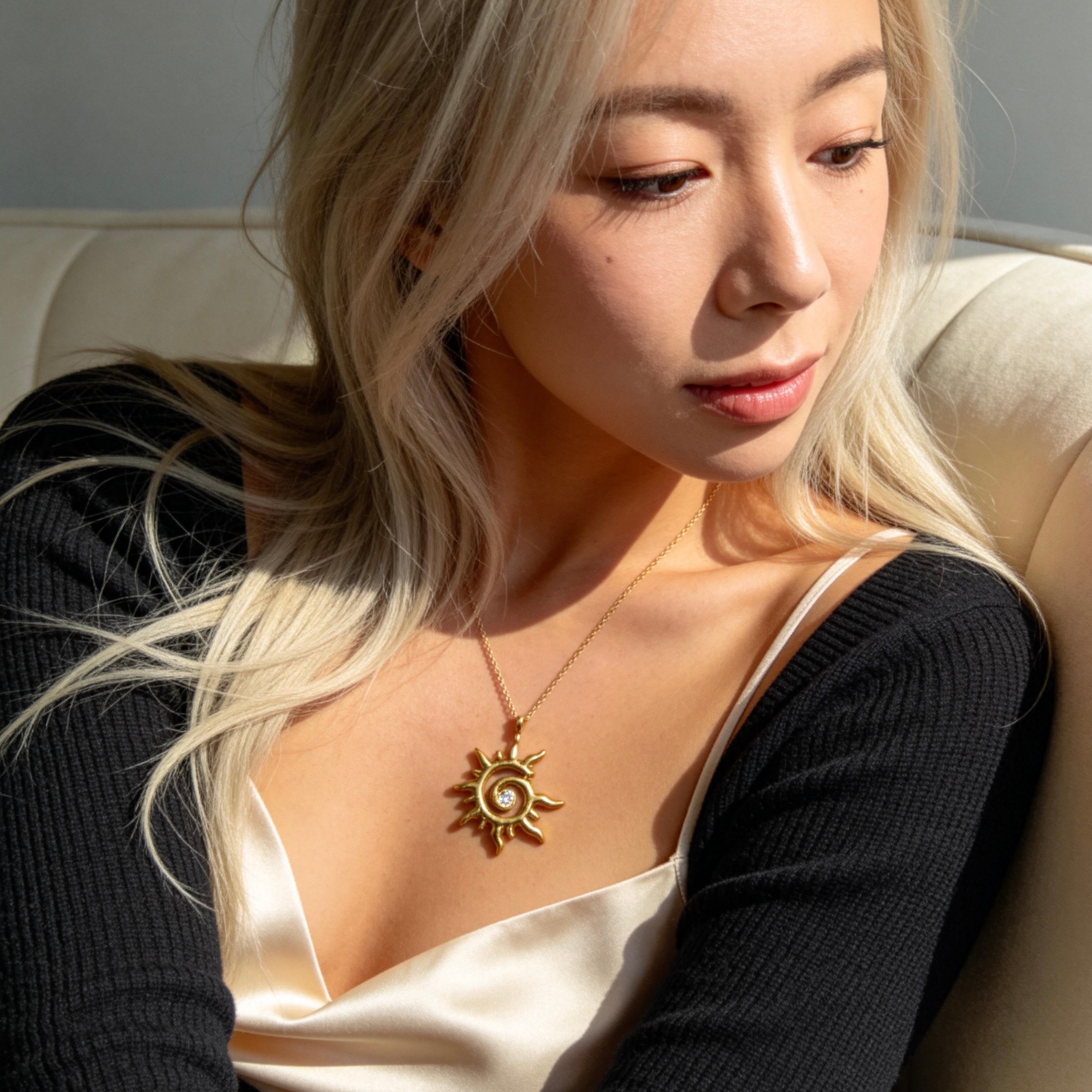 Gold Sun Spiral Pendant Necklace