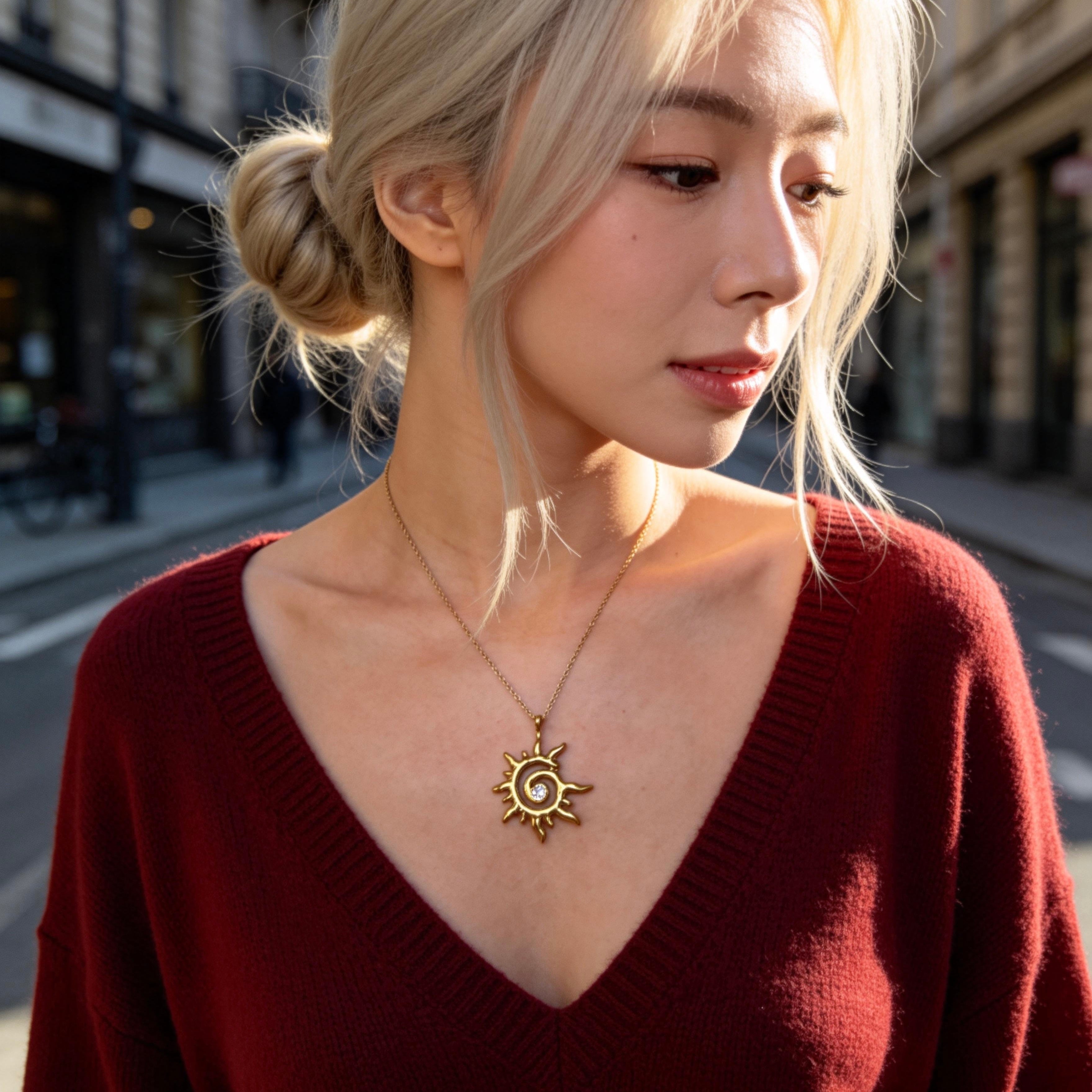 Gold Sun Spiral Pendant Necklace