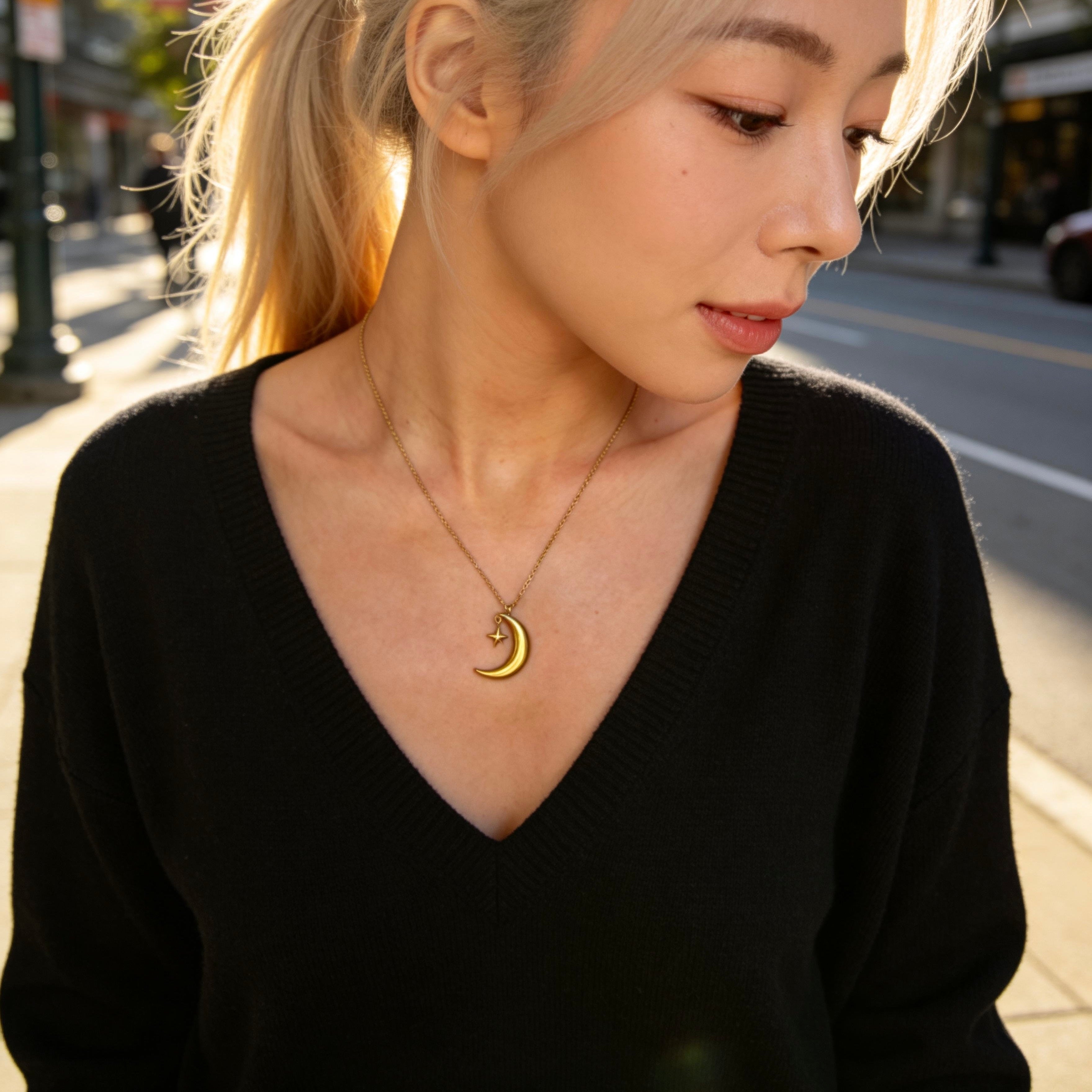 Crescent Moon Star Pendant Necklace