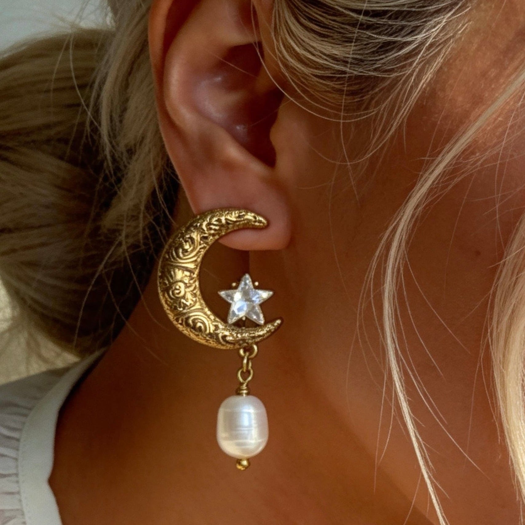 Vintage Moon Star Pearl Drop Earrings