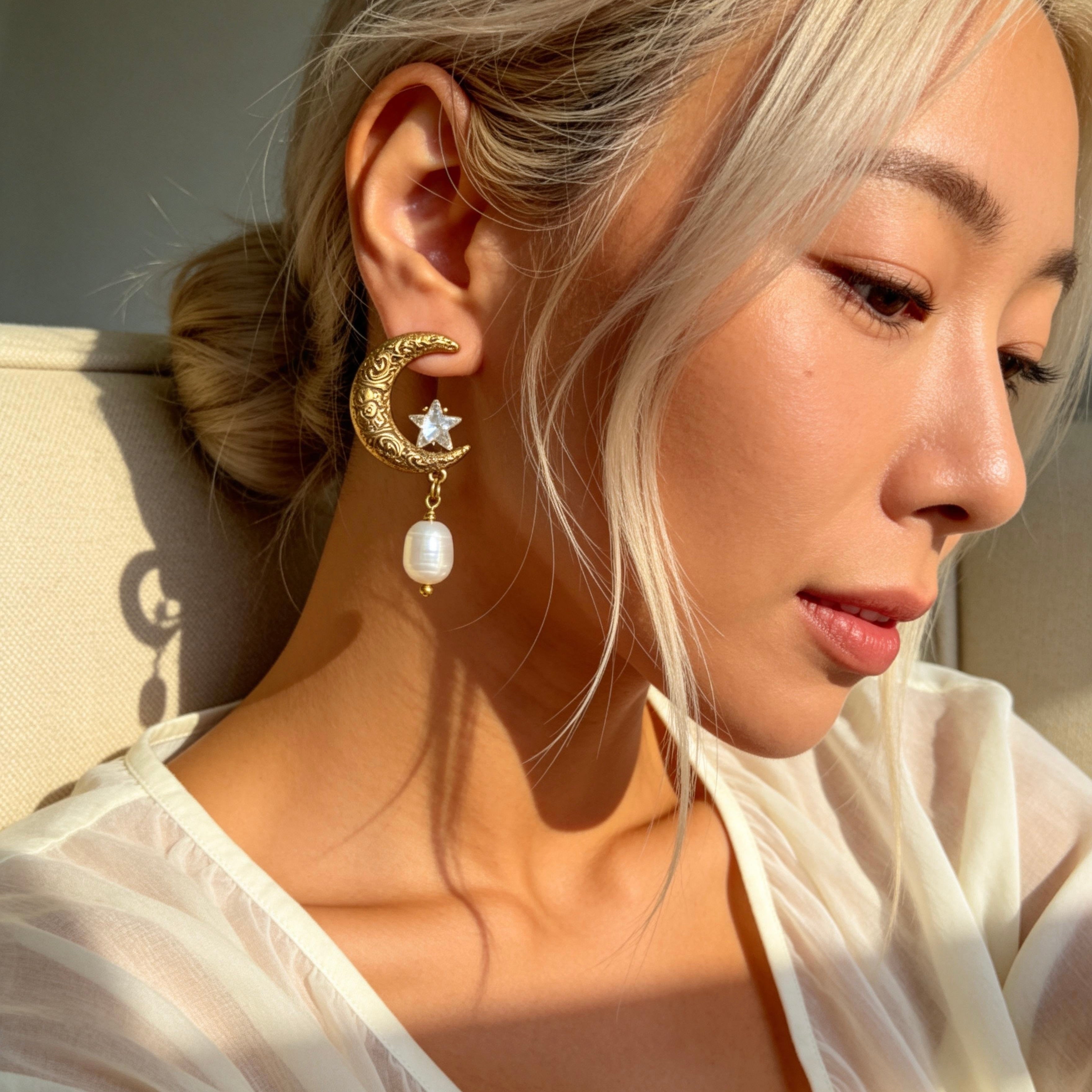 Vintage Moon Star Pearl Drop Earrings