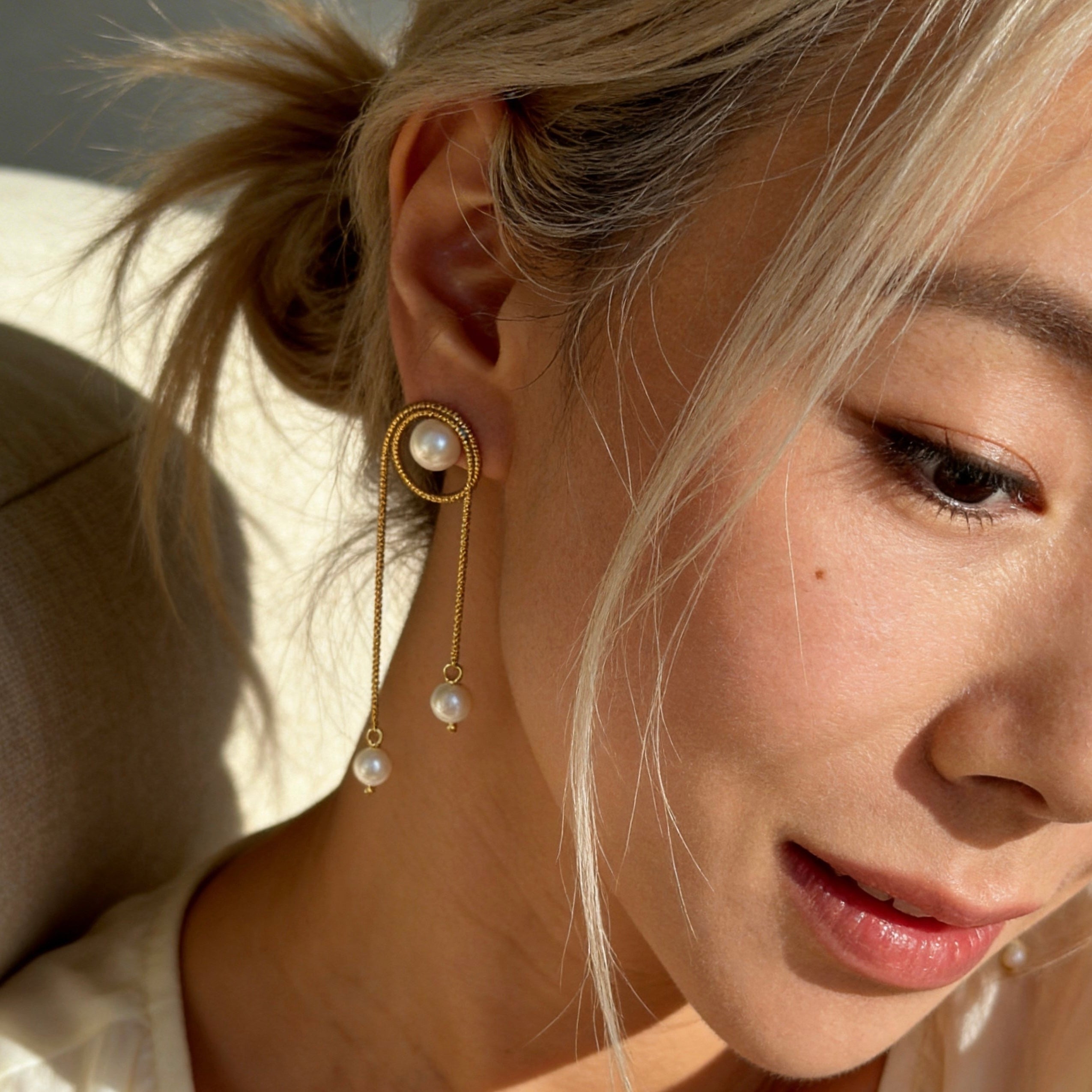 Gold Pearl Chain Drop Earrings