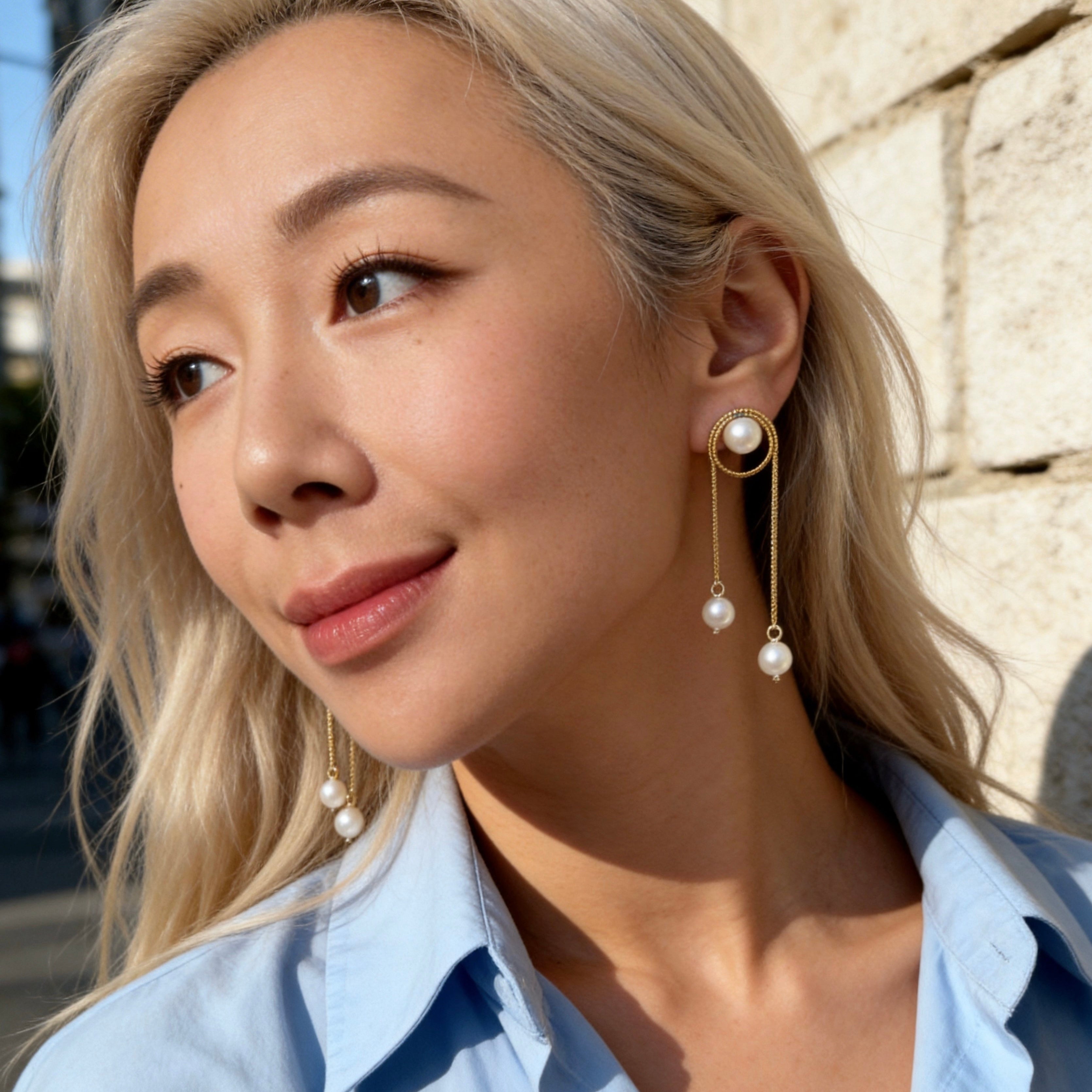 Gold Pearl Chain Drop Earrings