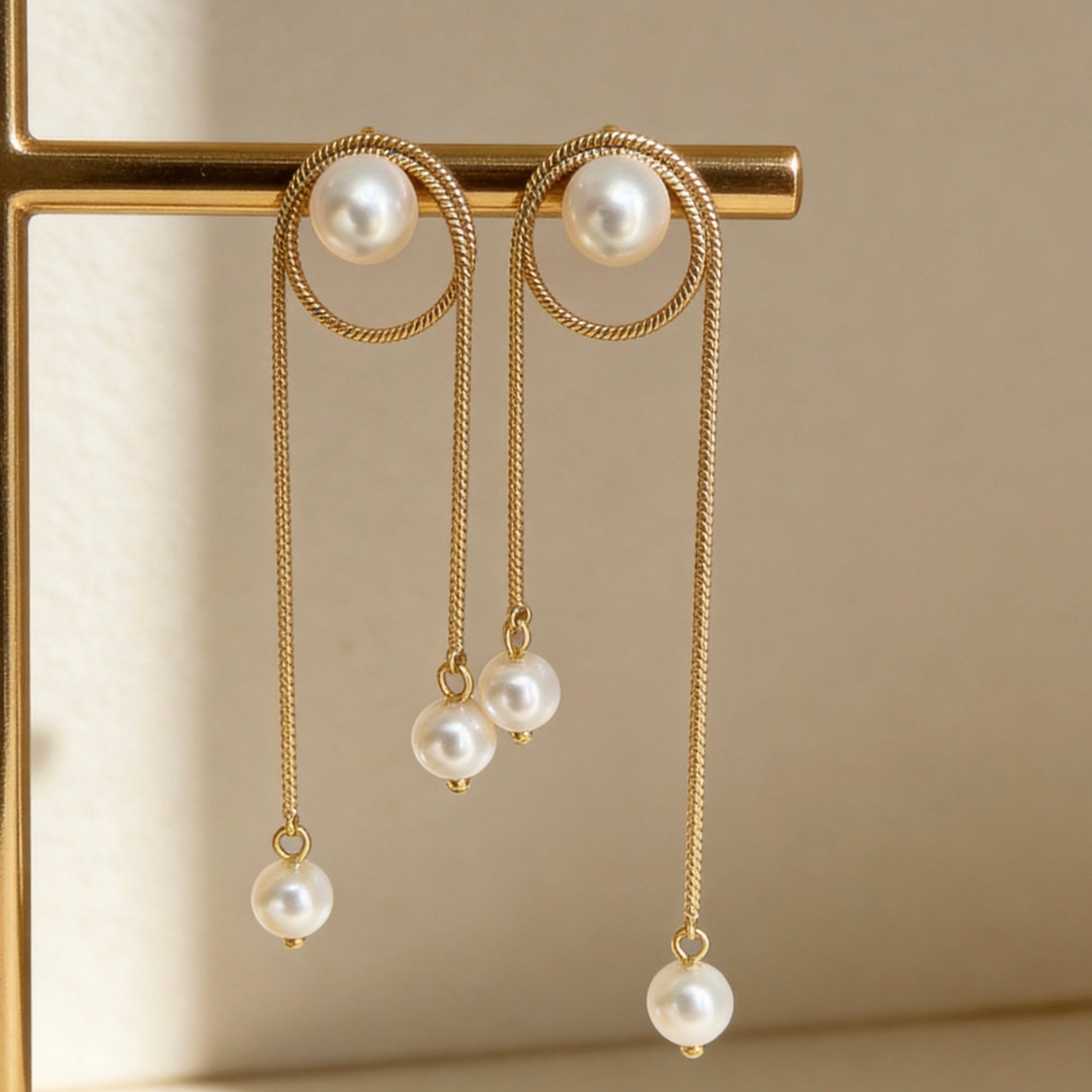 Gold Pearl Chain Drop Earrings