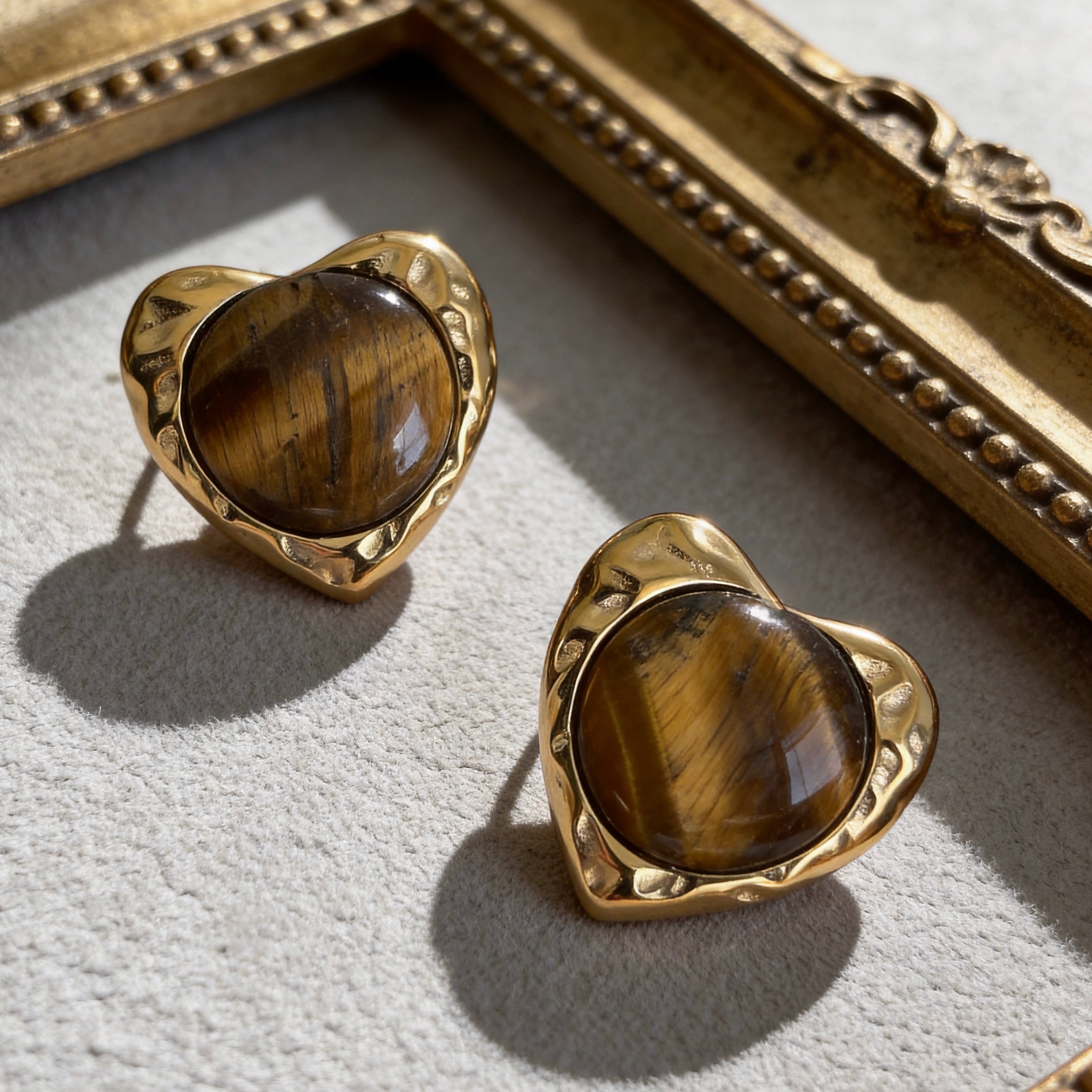 Gold Tiger Eye Heart Stud Earrings