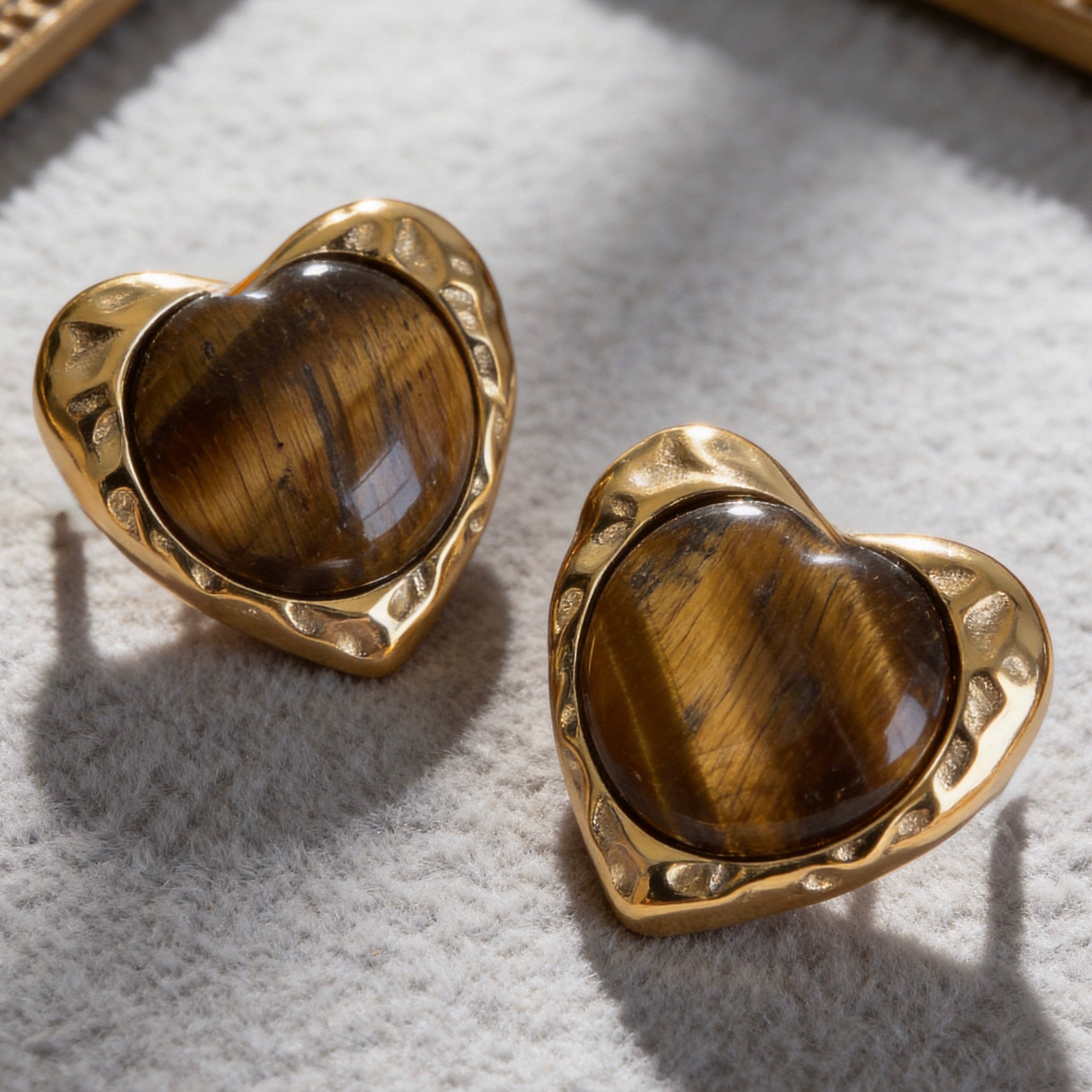 Gold Tiger Eye Heart Stud Earrings