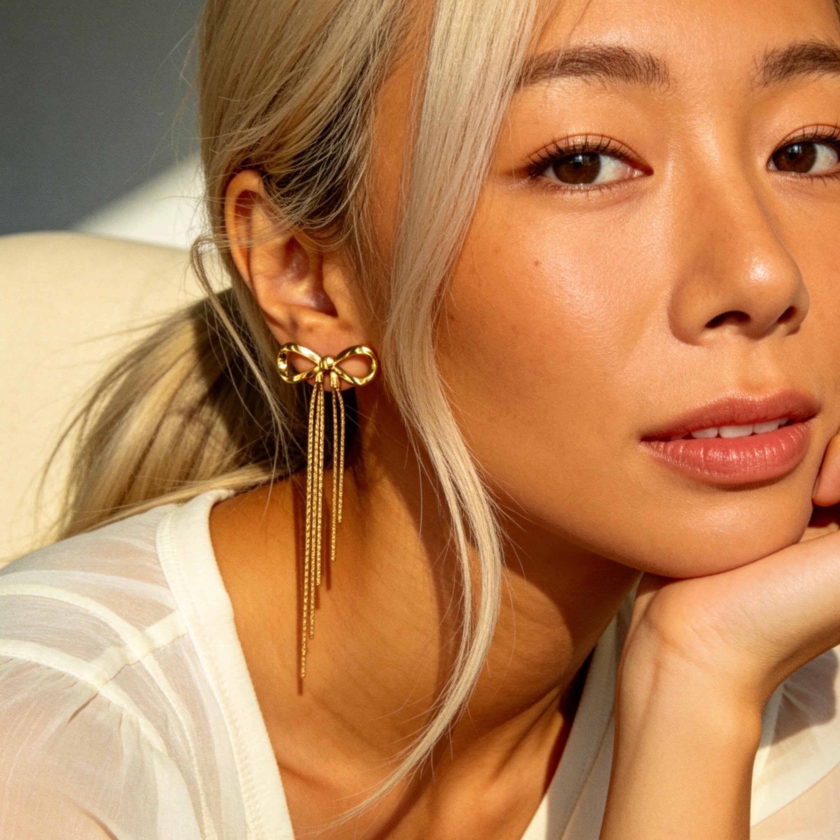Gold Bow Tassel Chain Drop Earrings