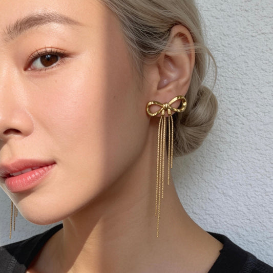 Gold Bow Tassel Chain Drop Earrings