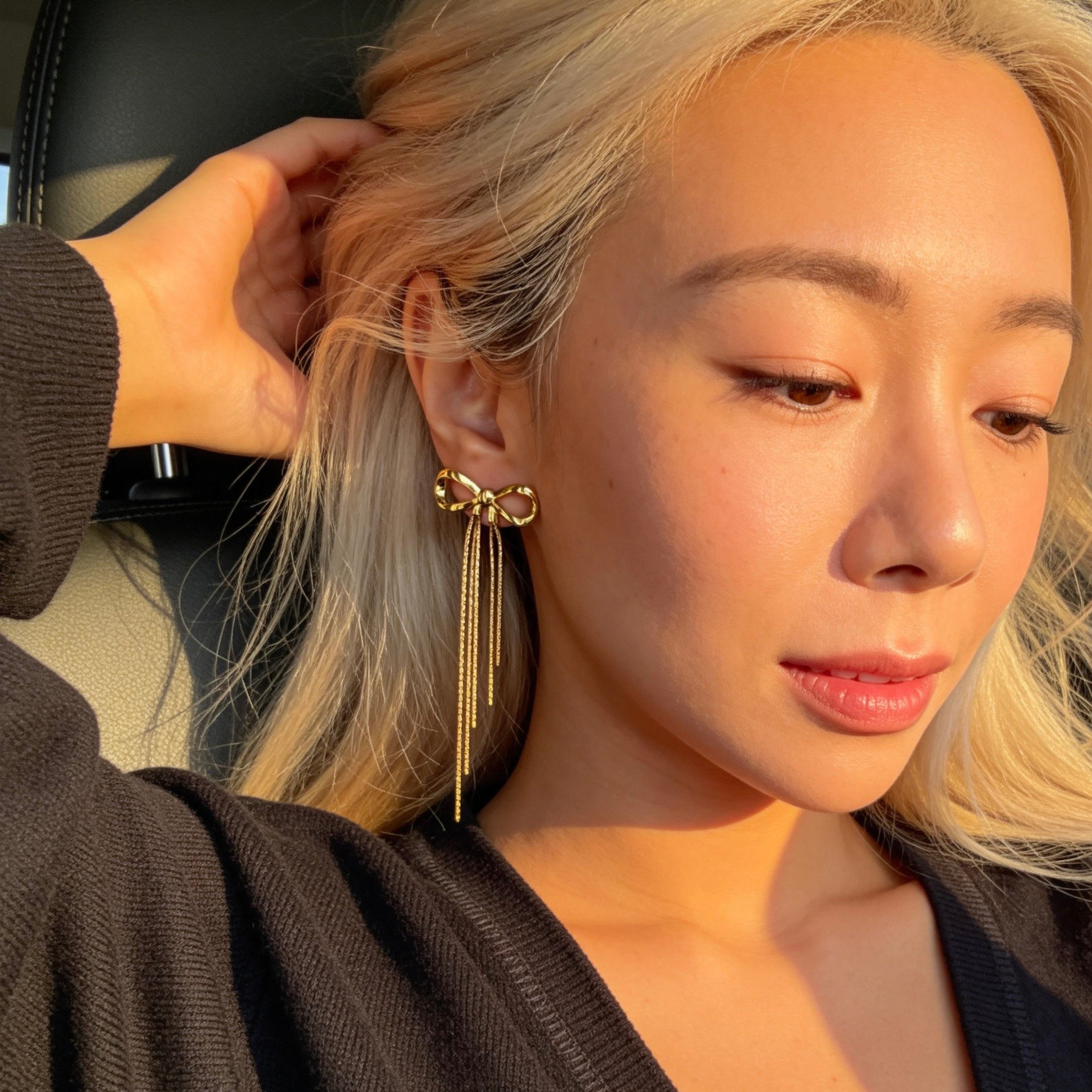 Gold Bow Tassel Chain Drop Earrings
