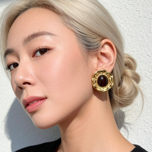 Gold Brown Stone Statement Stud Earrings