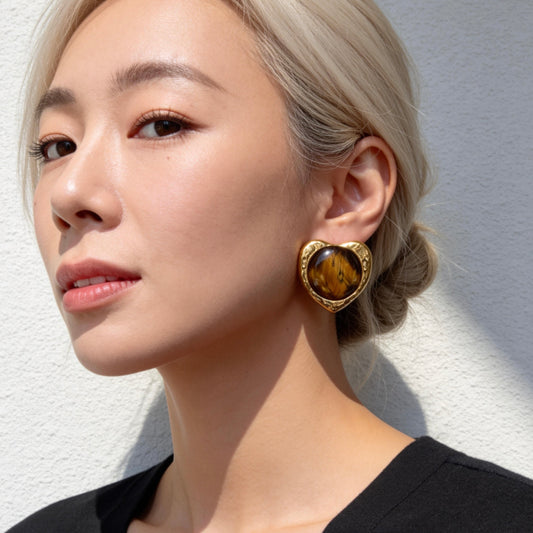 Gold Tiger Eye Heart Stud Earrings