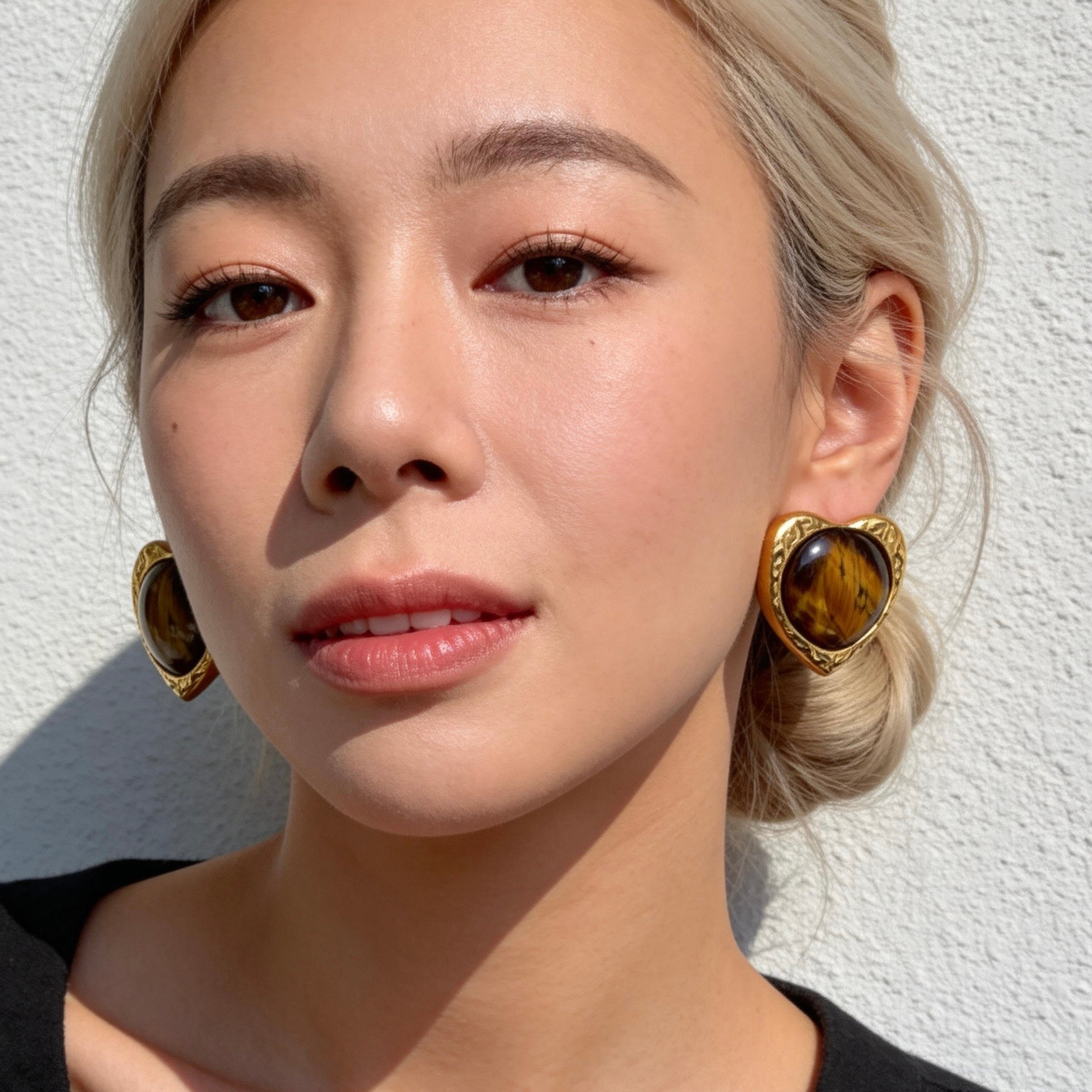 Gold Tiger Eye Heart Stud Earrings