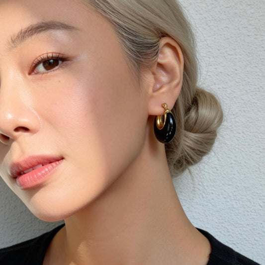 Black Onyx Gold Hoop Earrings